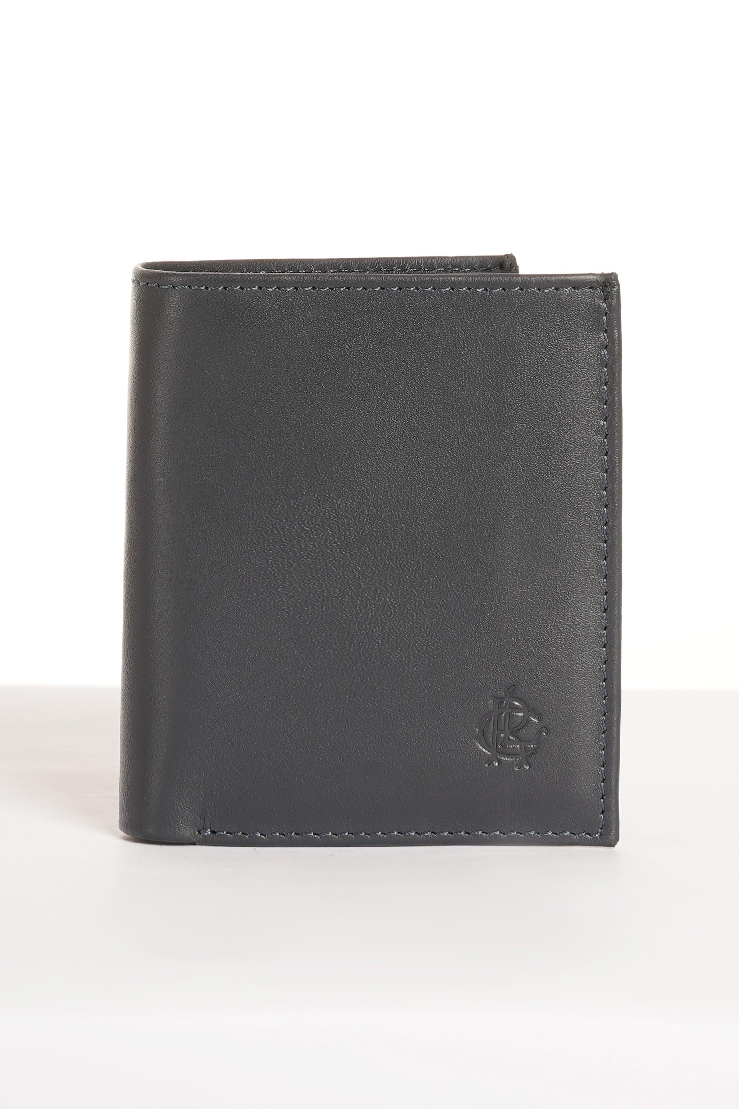 Dark leather bifold wallet with stitched edges and small logo on front.