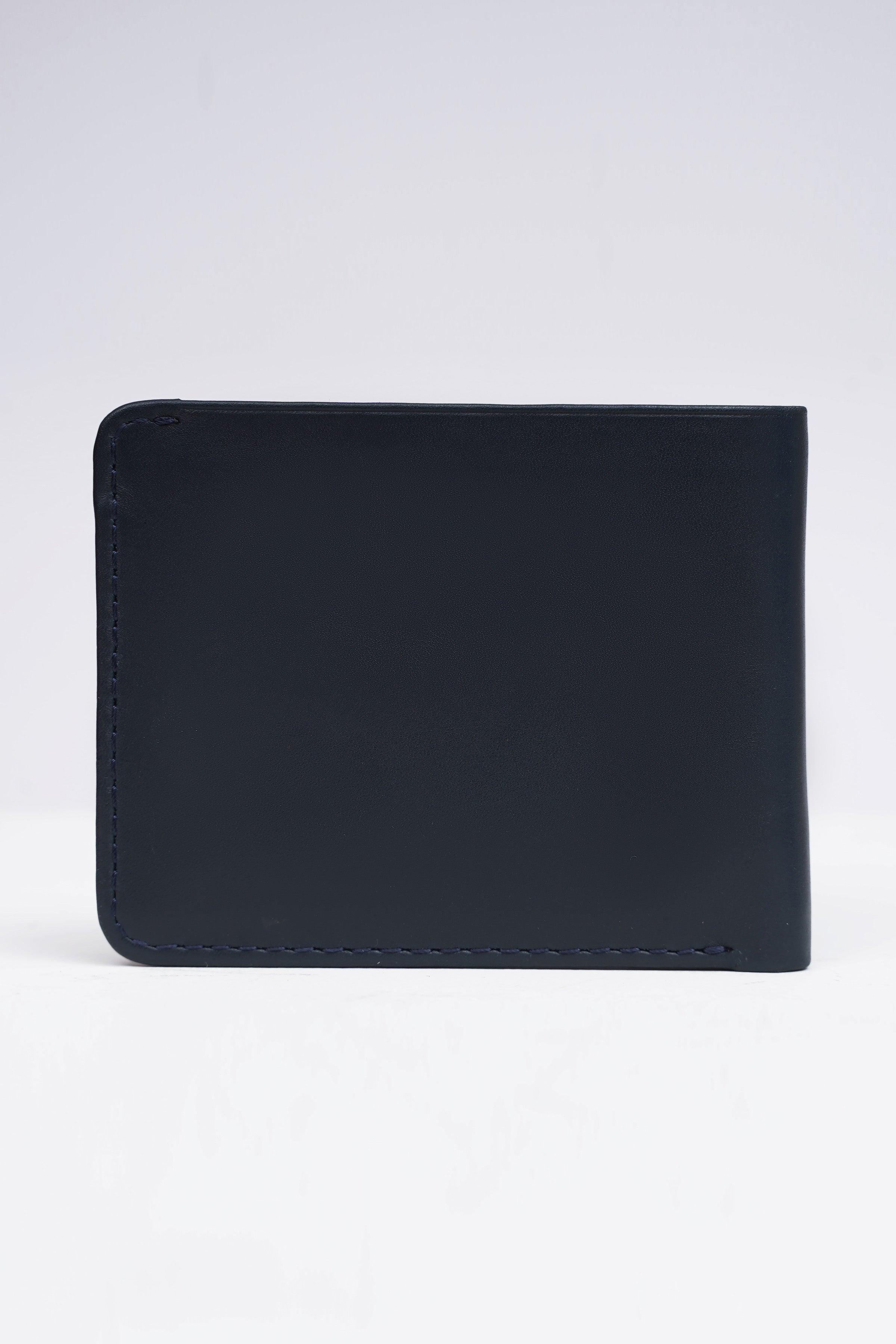 Bifold dark blue wallet with stitched border and smooth front panel