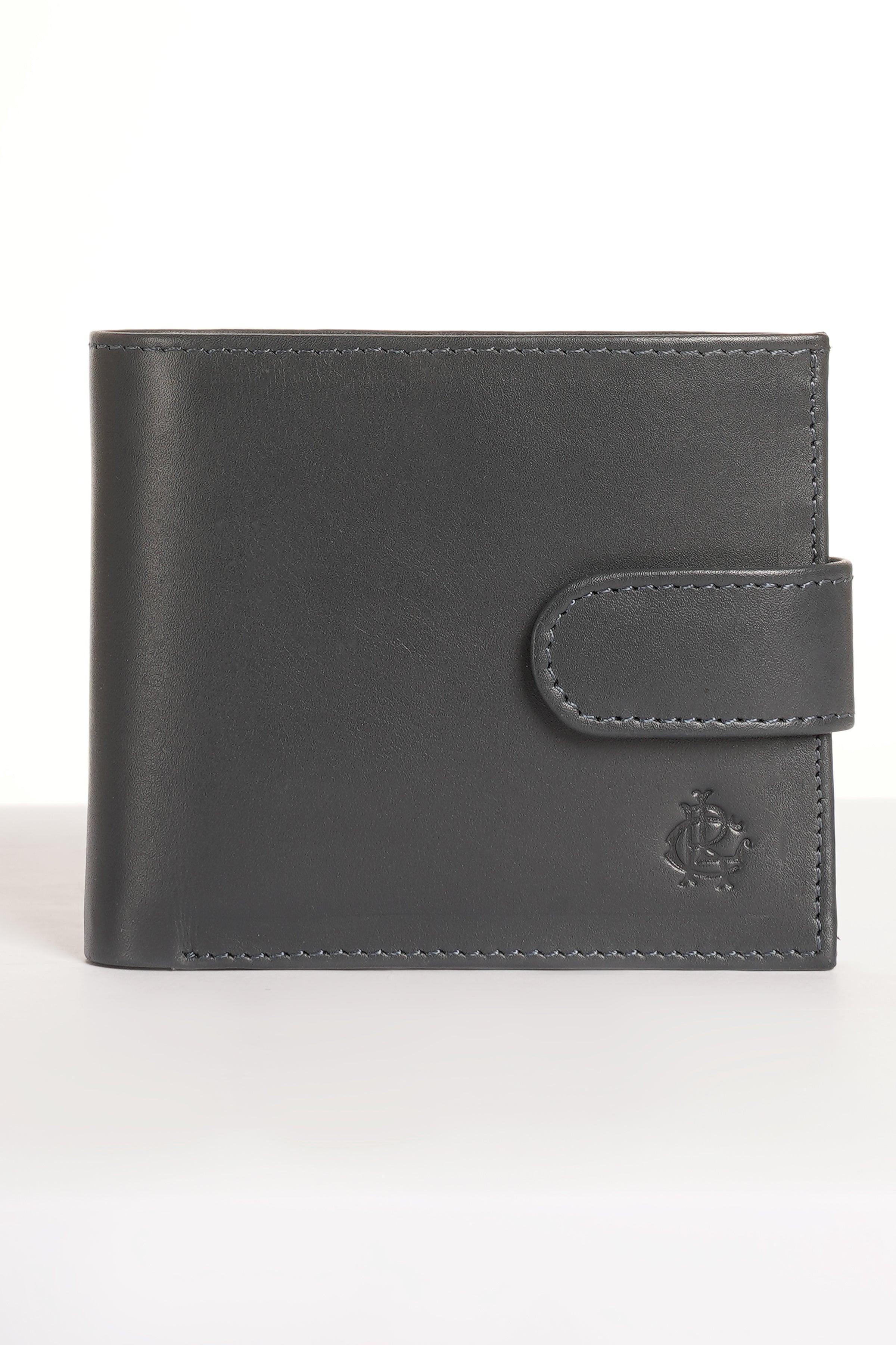 Dark leather wallet with snap tab and embossed crest logo