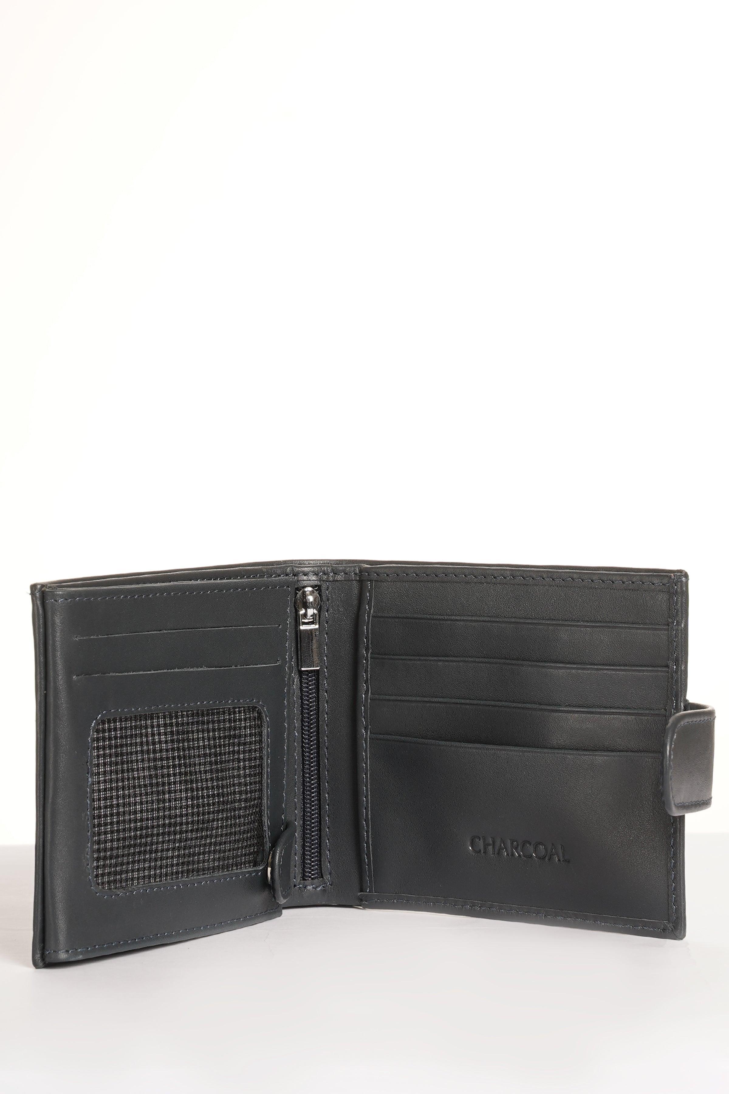 Dark leather bifold wallet with zip pocket and multiple card compartments
