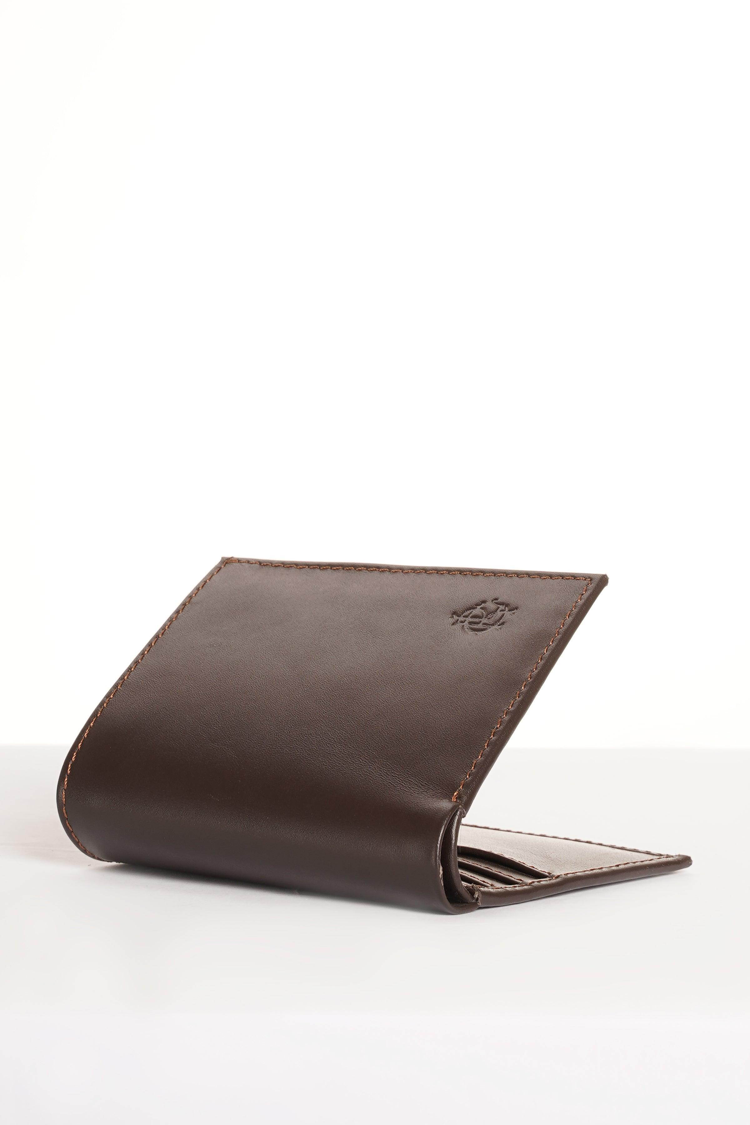 Brown leather bi-fold wallet, folded open to show inner card slots
