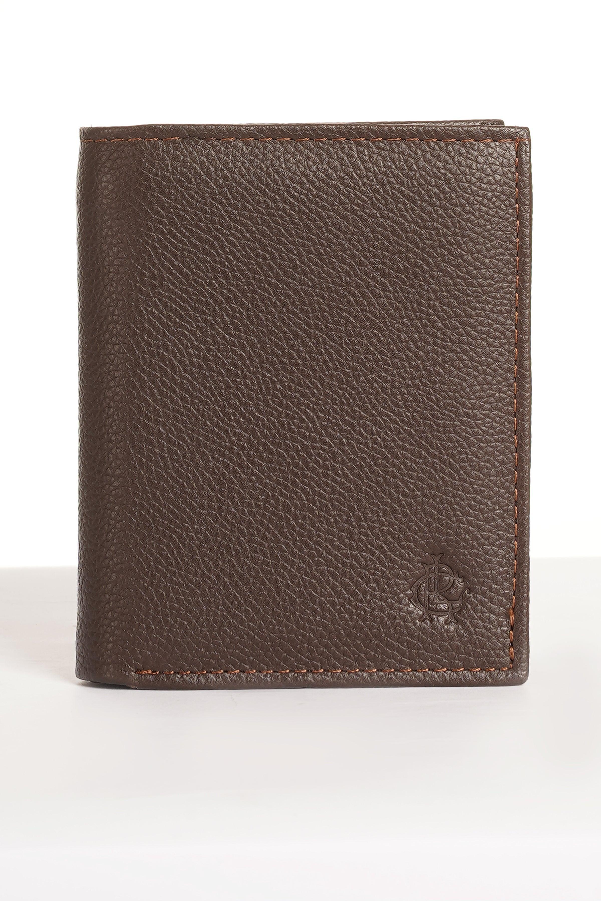 Brown leather wallet with embossed logo, front view