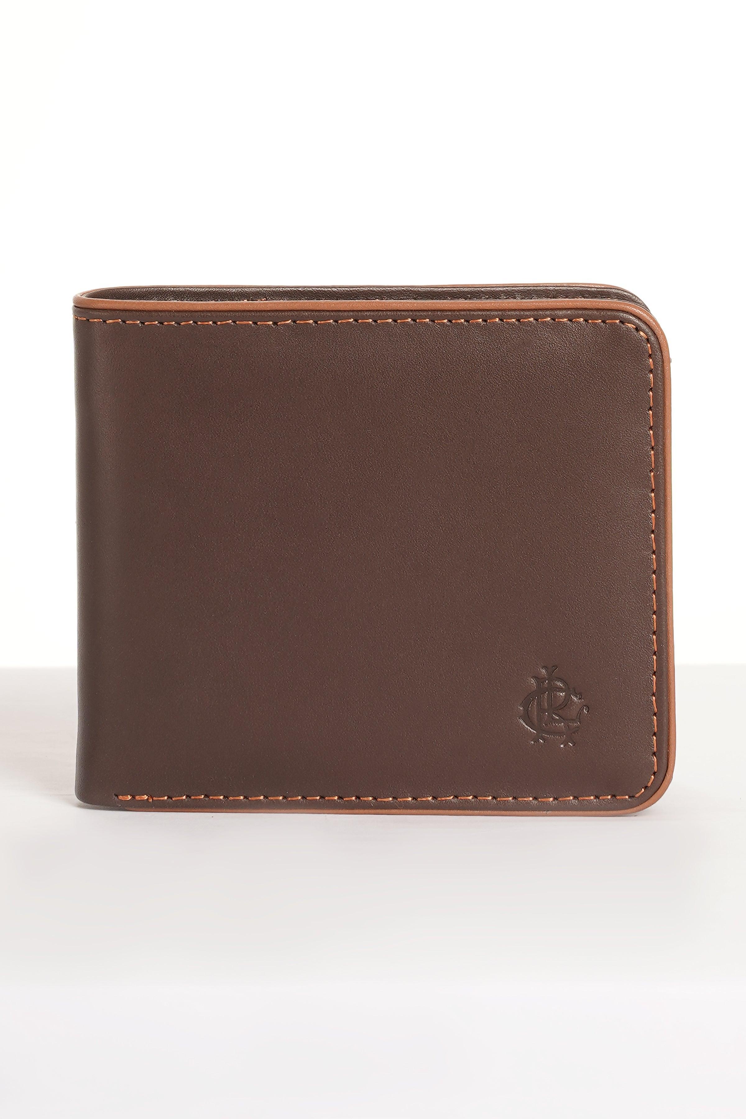 Brown leather wallet with embossed emblem and stitched trim