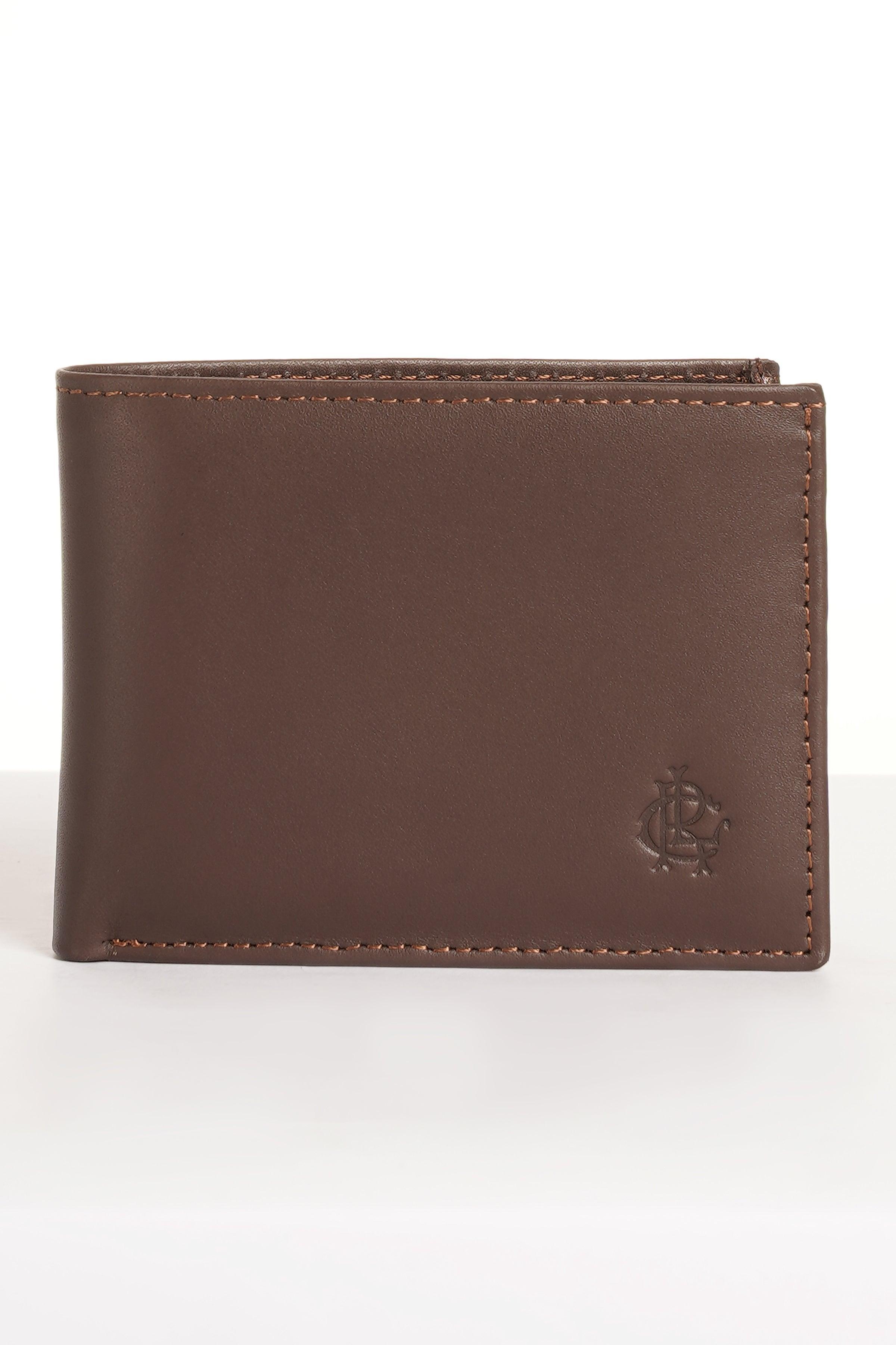 Brown leather wallet with embossed logo and contrast stitching