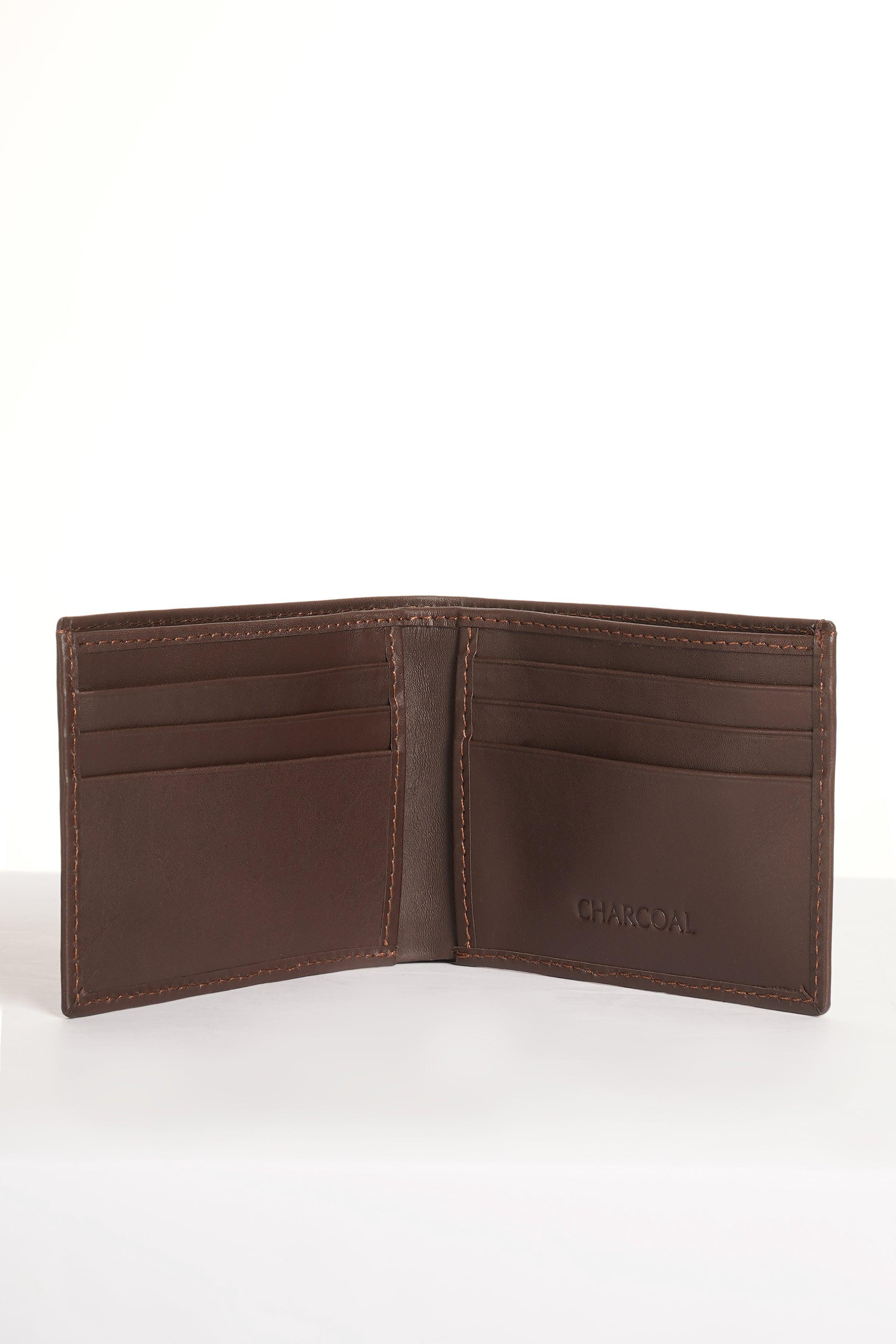 Brown leather bifold wallet with multiple card compartments