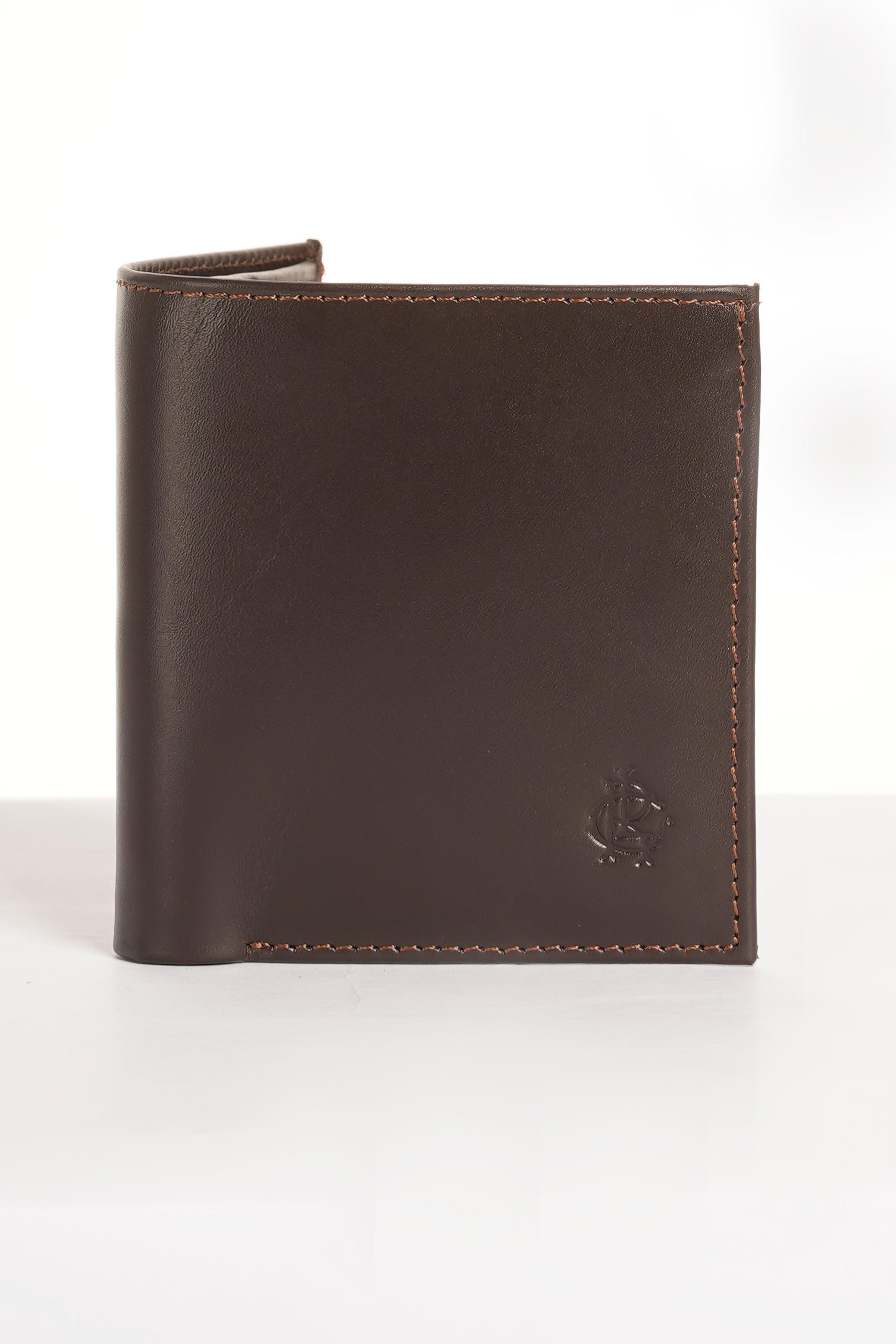 Brown leather bi-fold wallet with stitched edges and embossed logo
