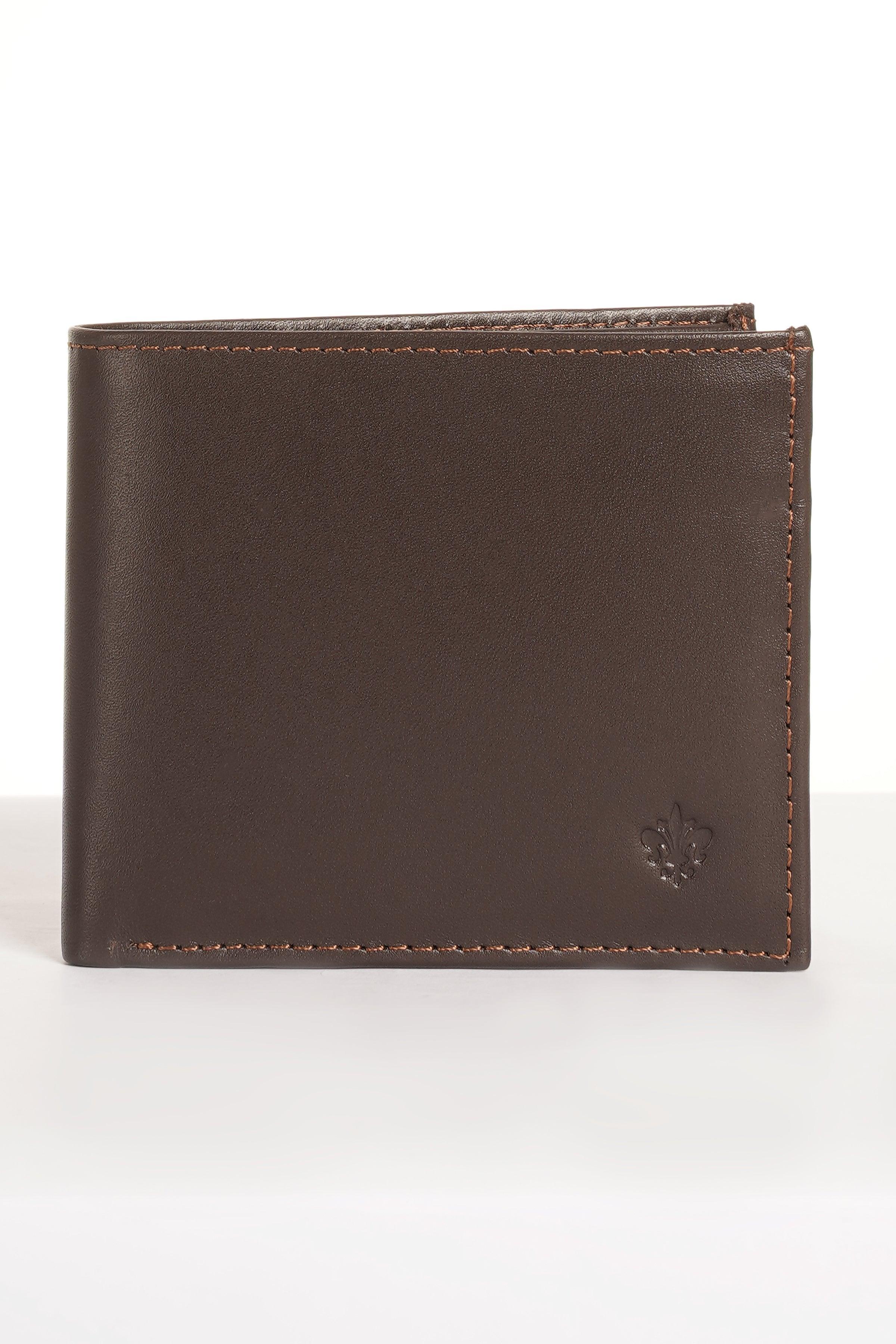 Brown leather bifold wallet with stitched edge and small embossed logo on front