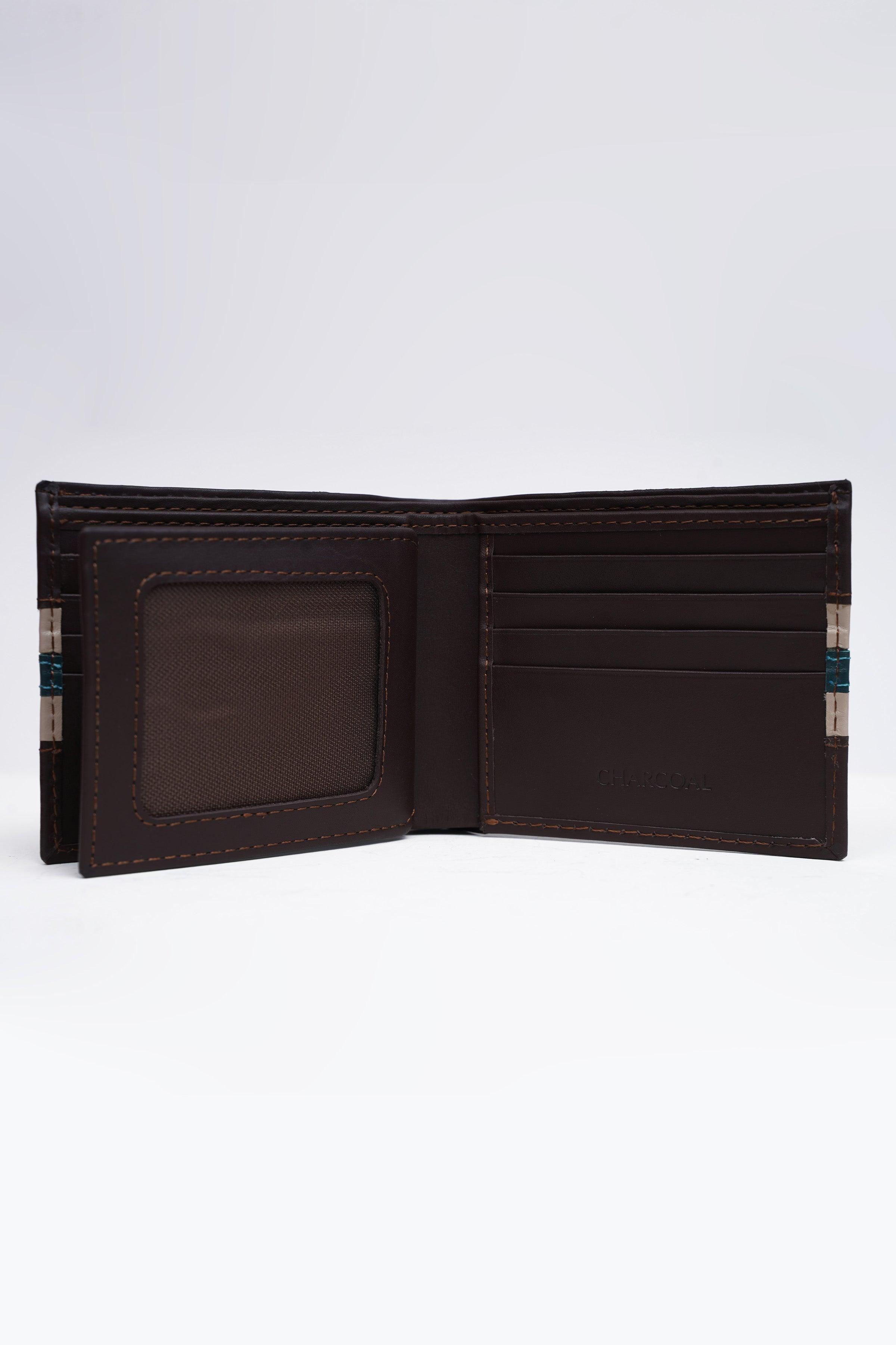 Brown bi-fold wallet open view with card slots and ID window