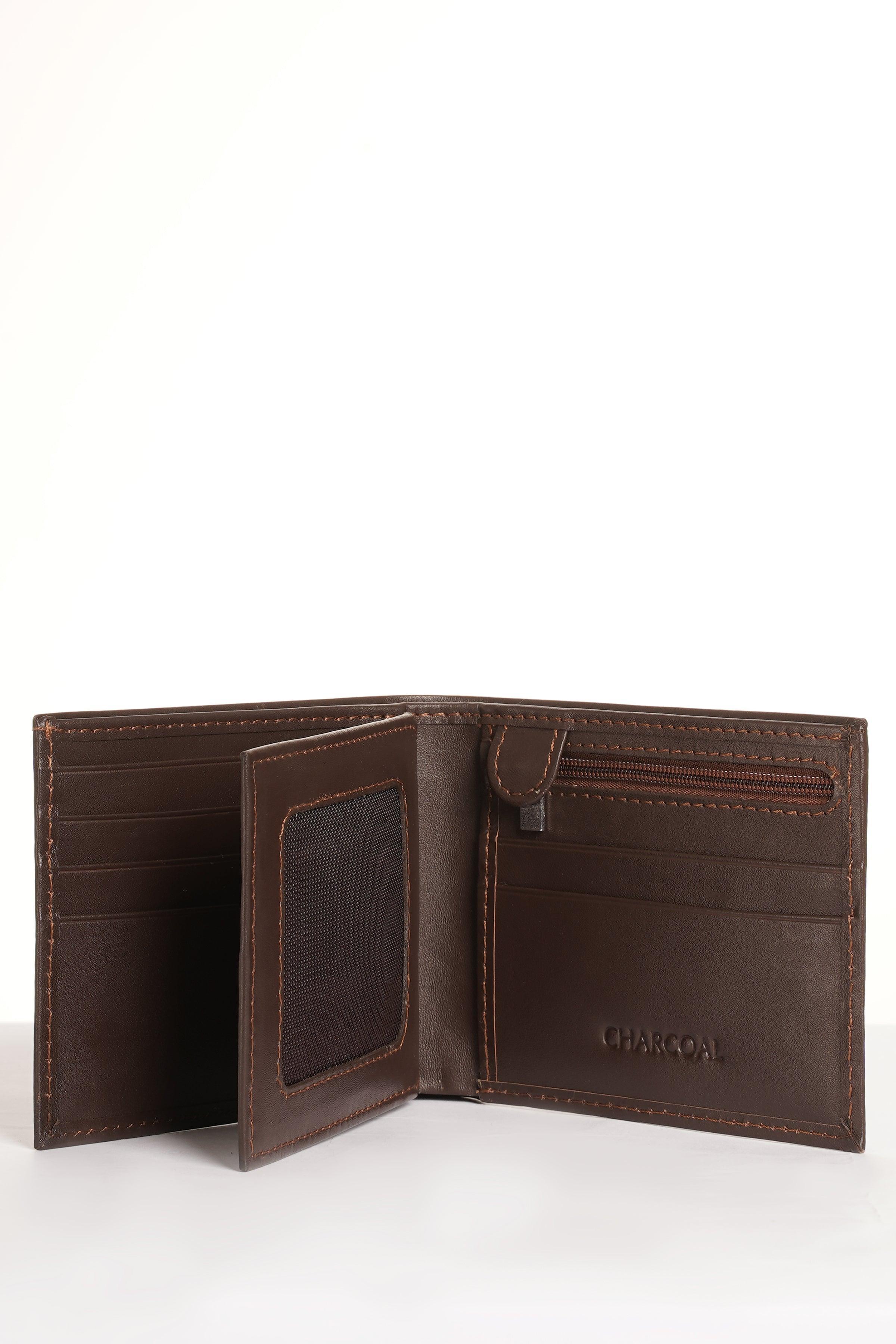 Brown leather wallet open showing multiple card slots and stitched interior