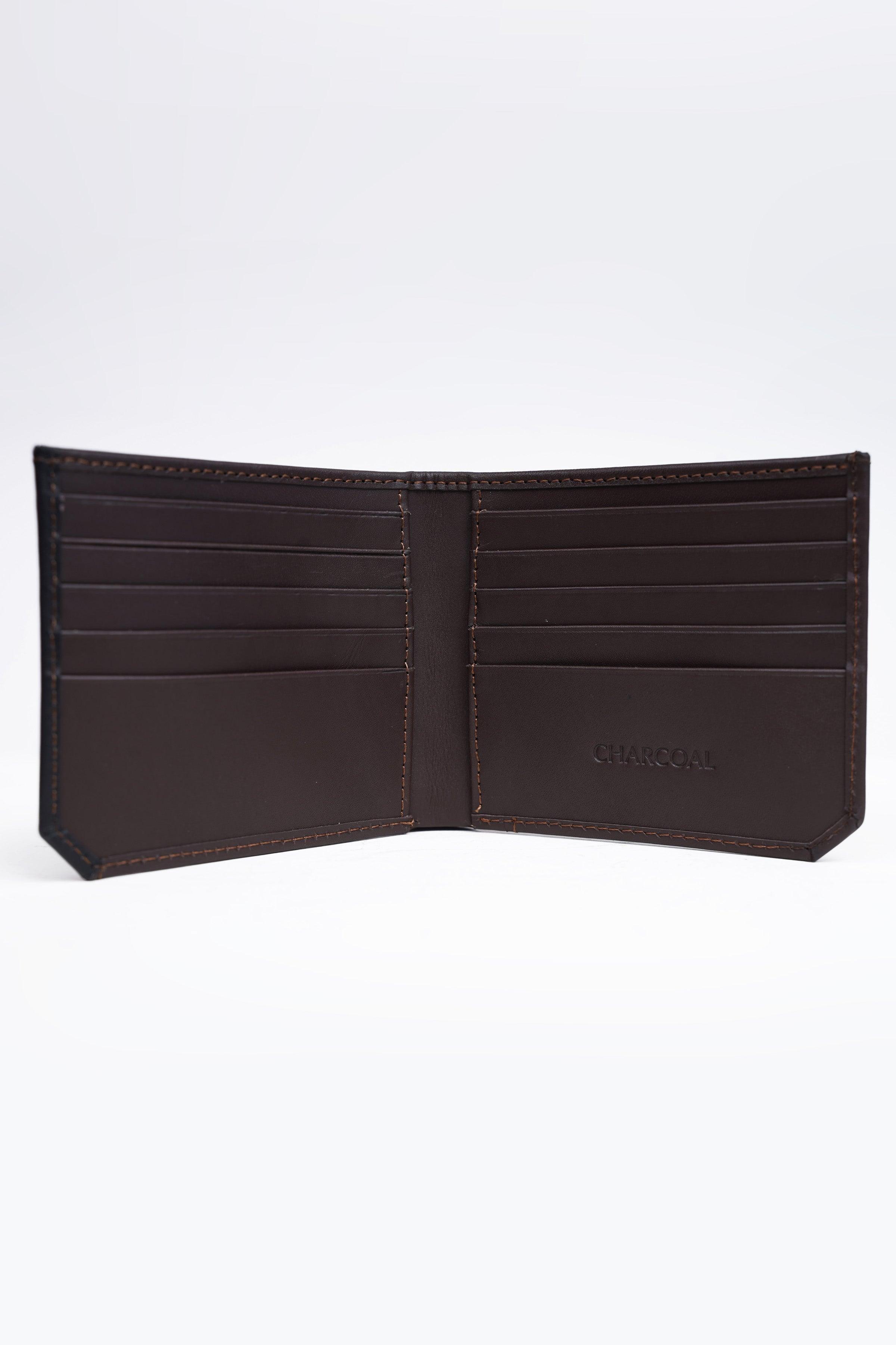 Brown leather wallet open with multiple card slots