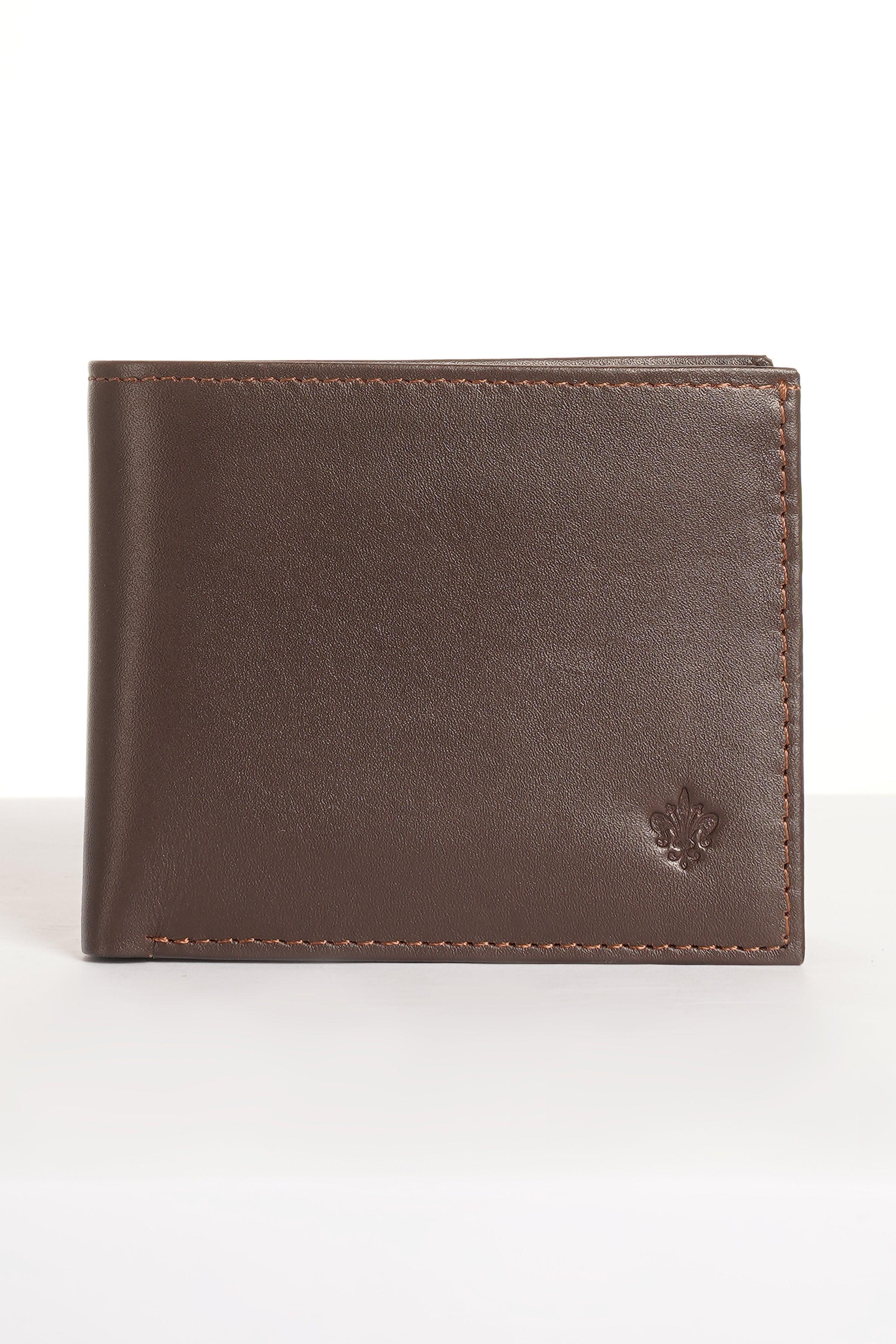 Brown leather wallet with stitched edges and small embossed logo on front