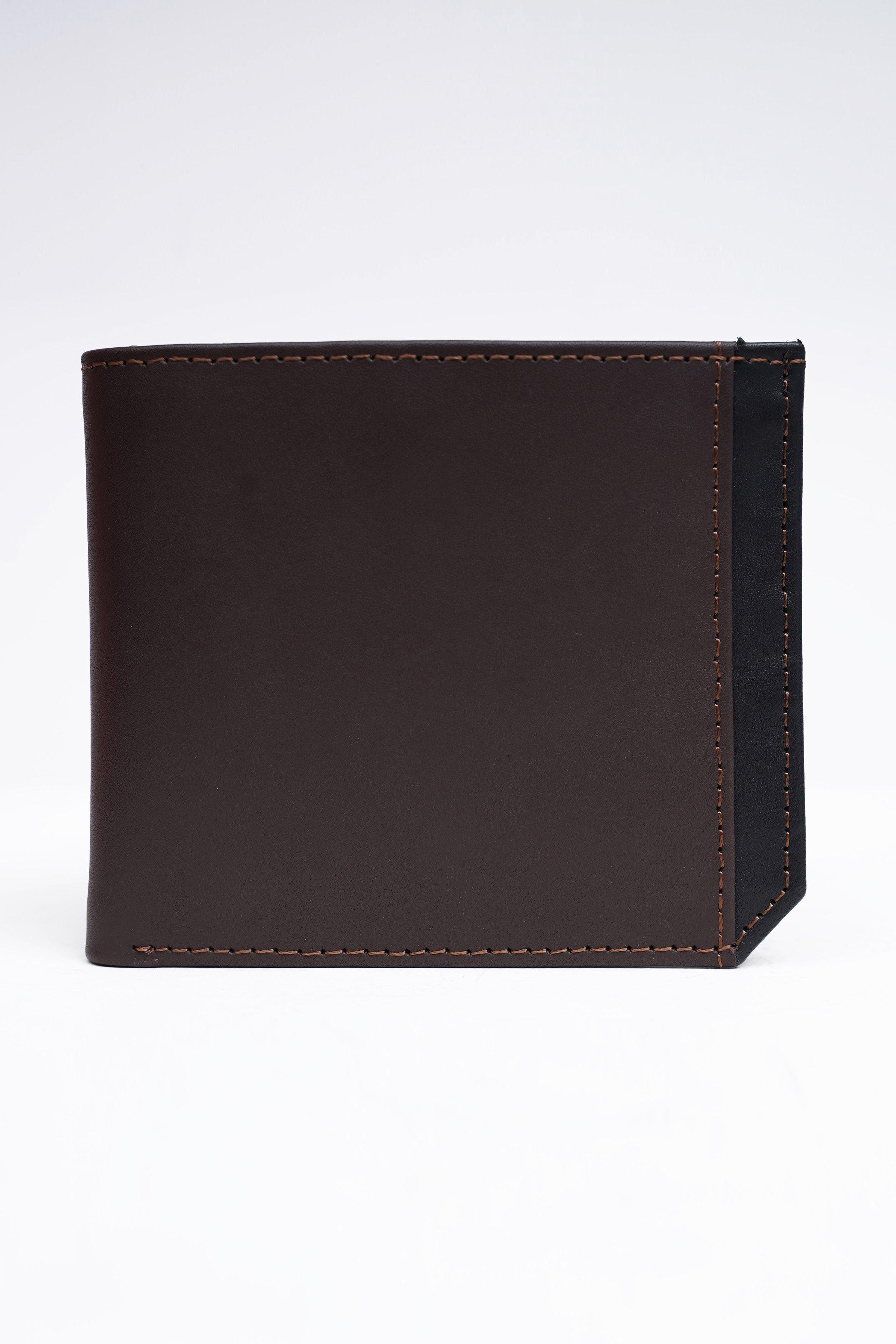 Brown leather wallet with stitched edges and front panel