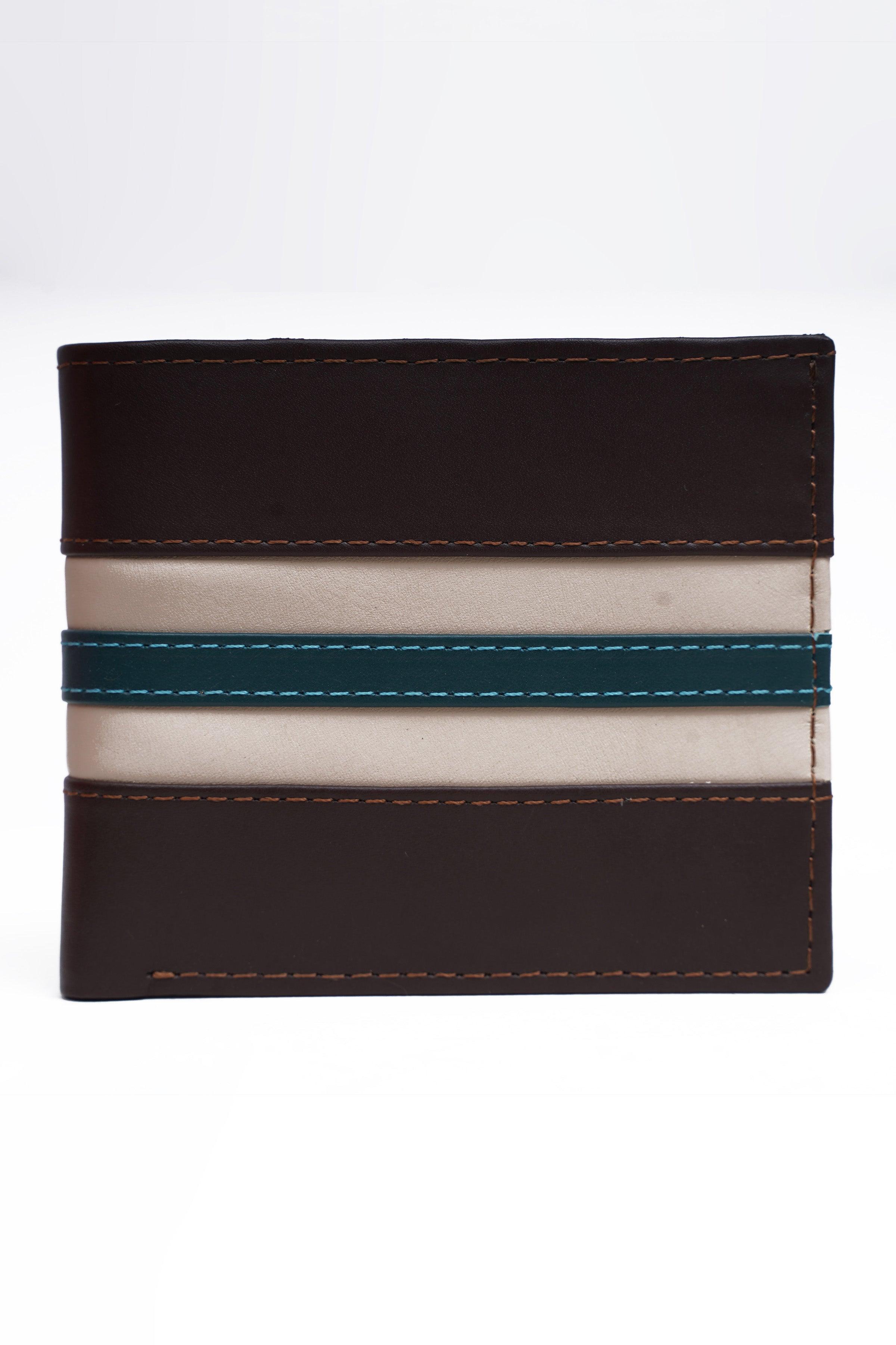 Brown bi-fold wallet with stitched border and teal stripe