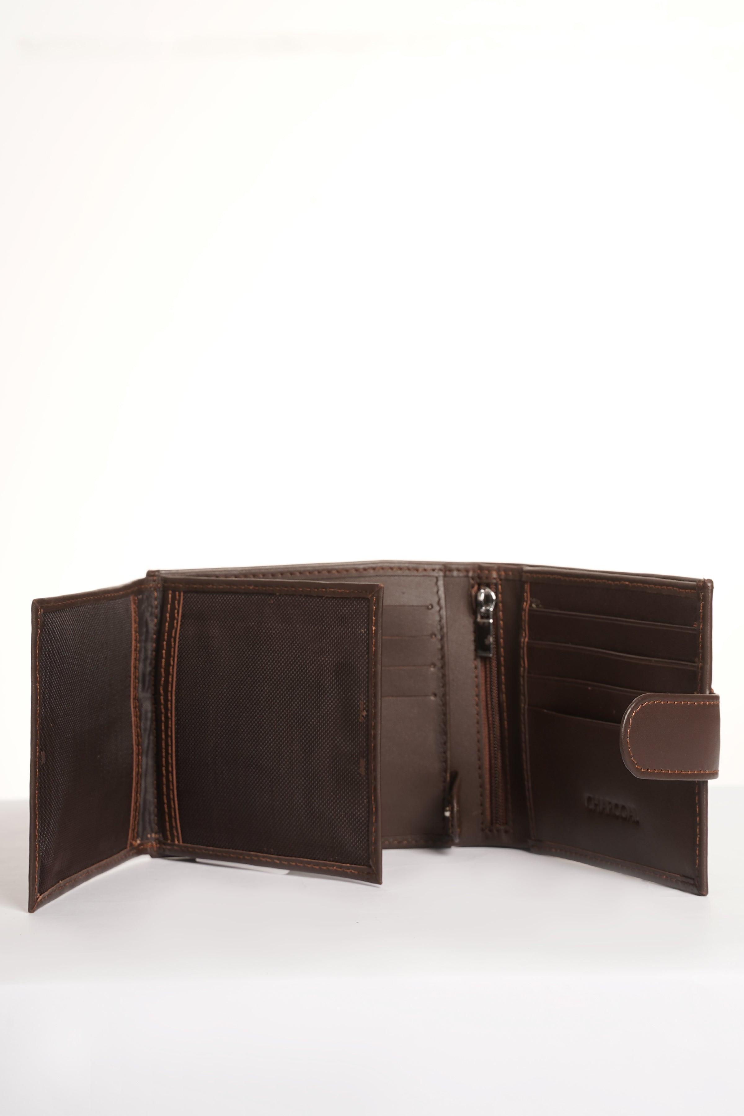 Brown leather bifold wallet open, with multiple card pockets and metal zipper pull
