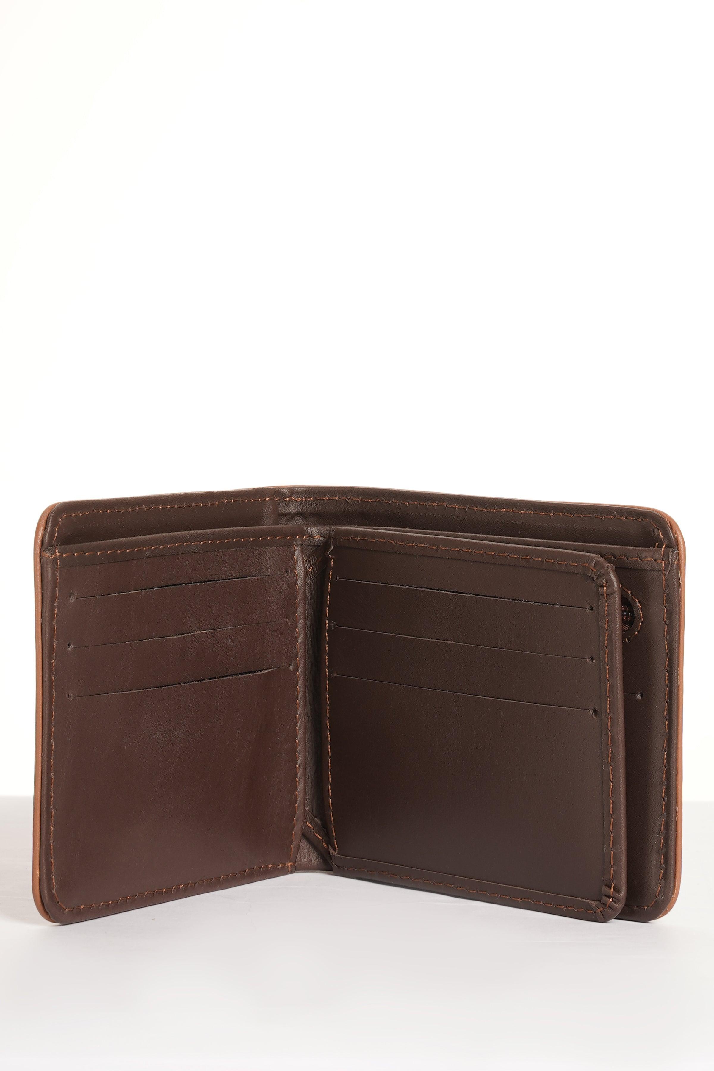Brown leather bifold wallet interior with card slots and compartments