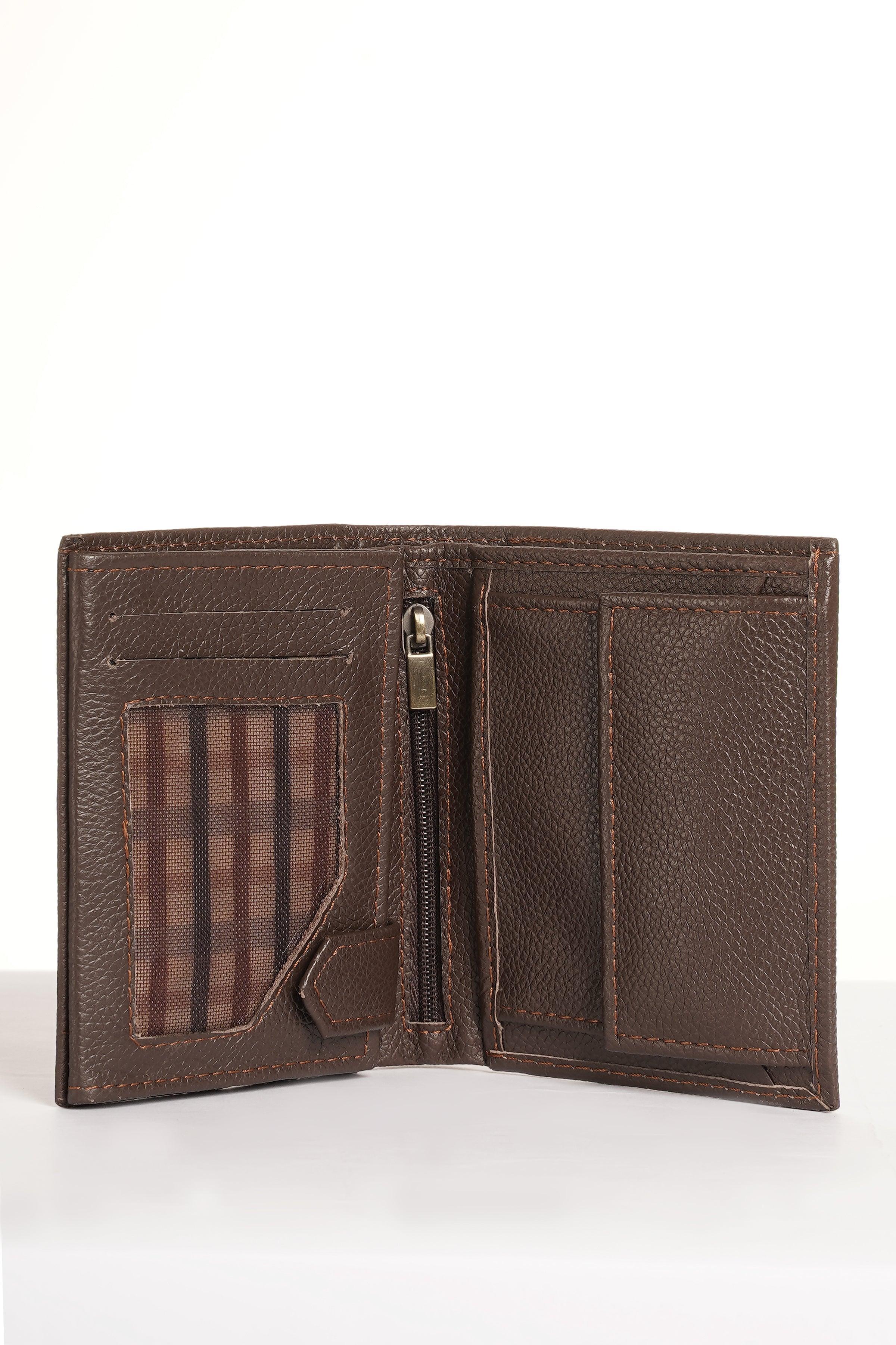 Brown leather wallet open, multiple card slots