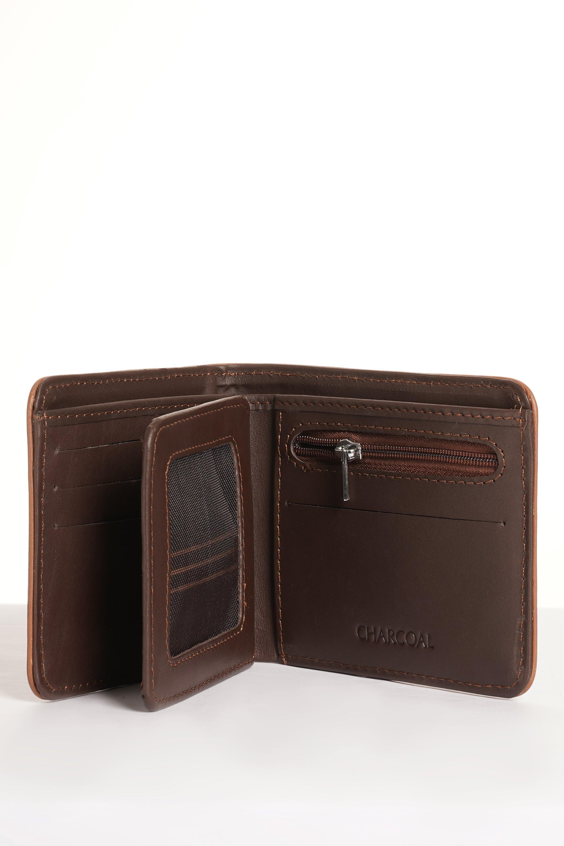Brown leather bifold wallet open, with card slots and zip pocket