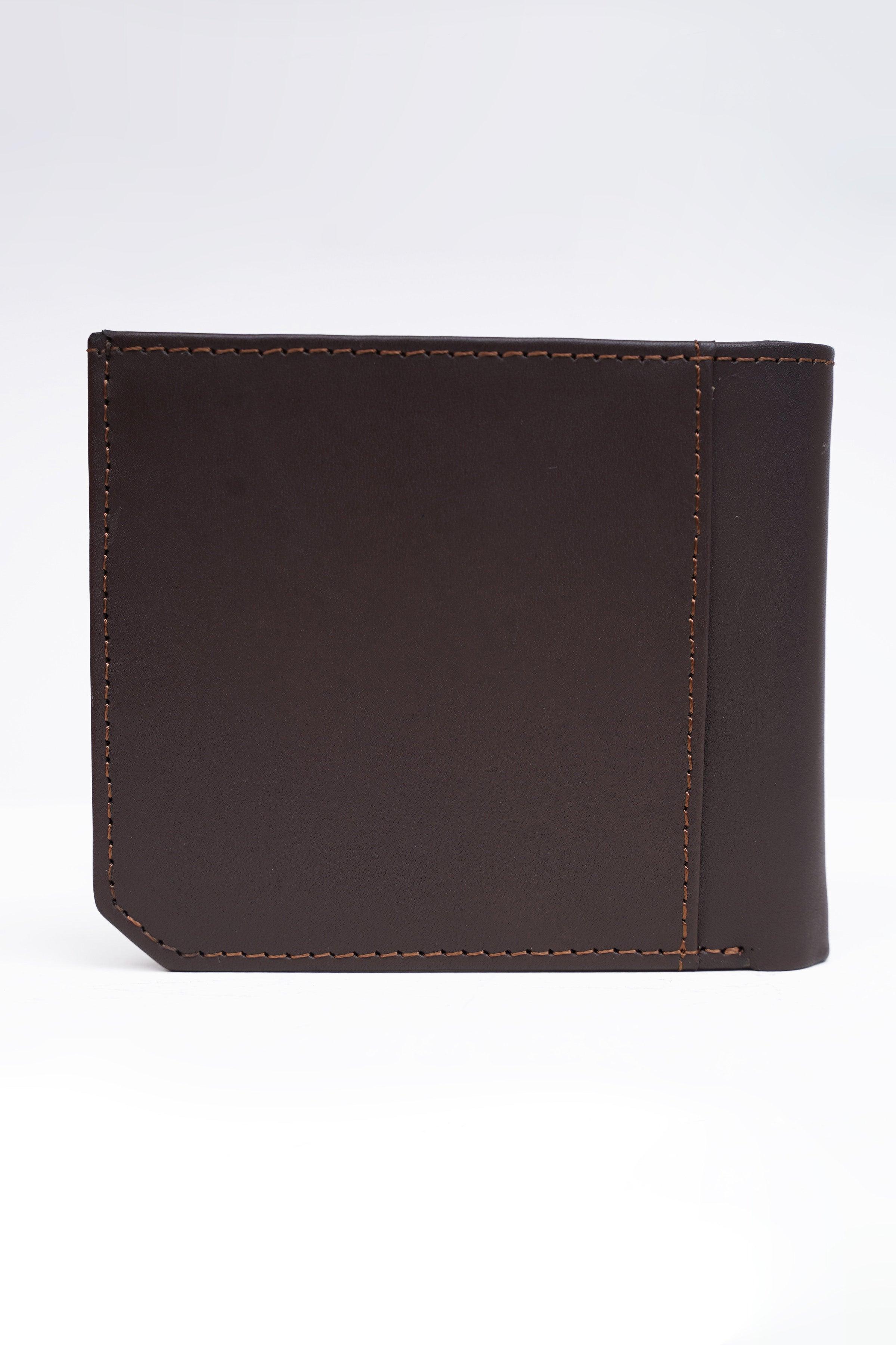Brown leather wallet side view with contrast stitching