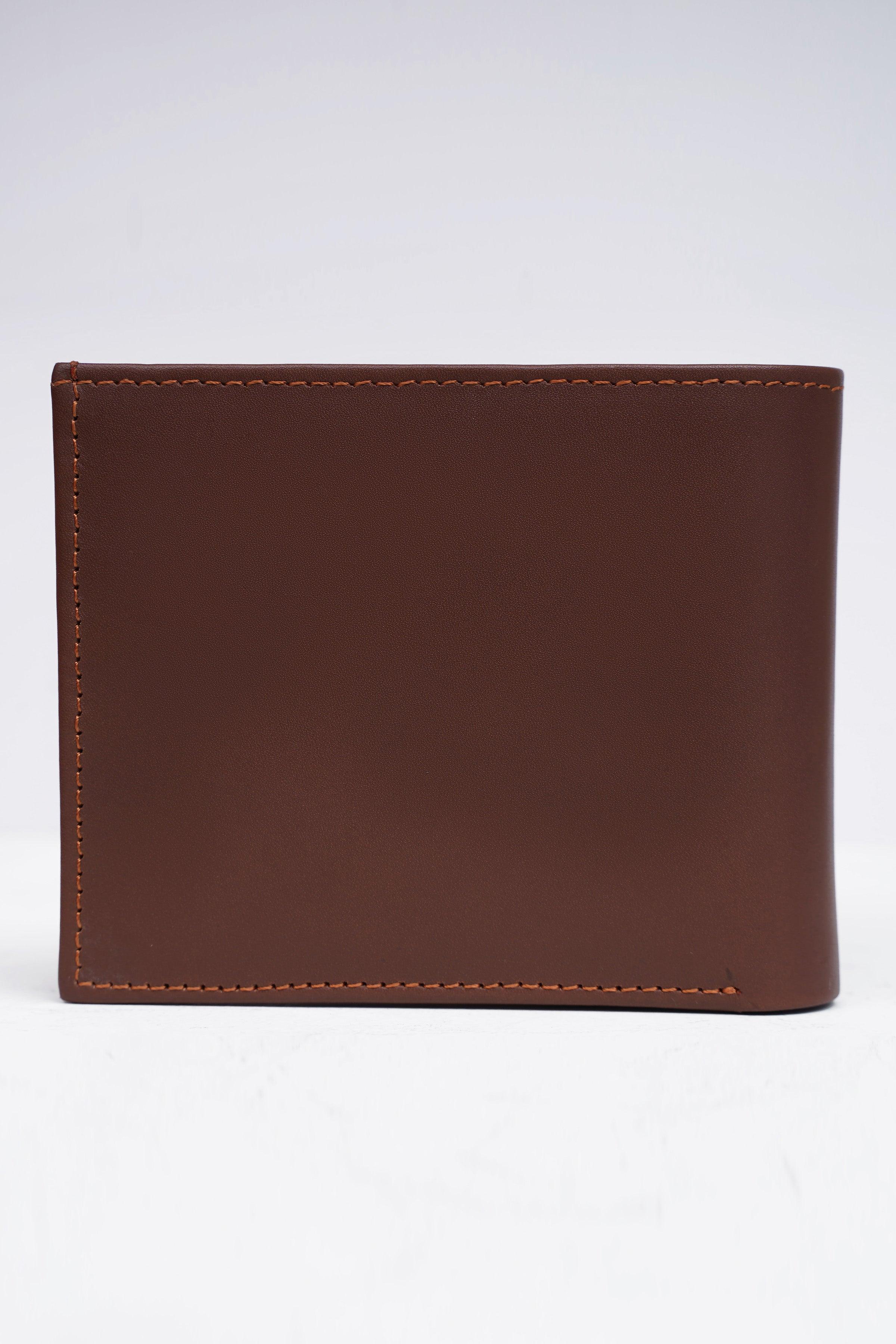 Tan leather wallet, closed square front with contrast stitching