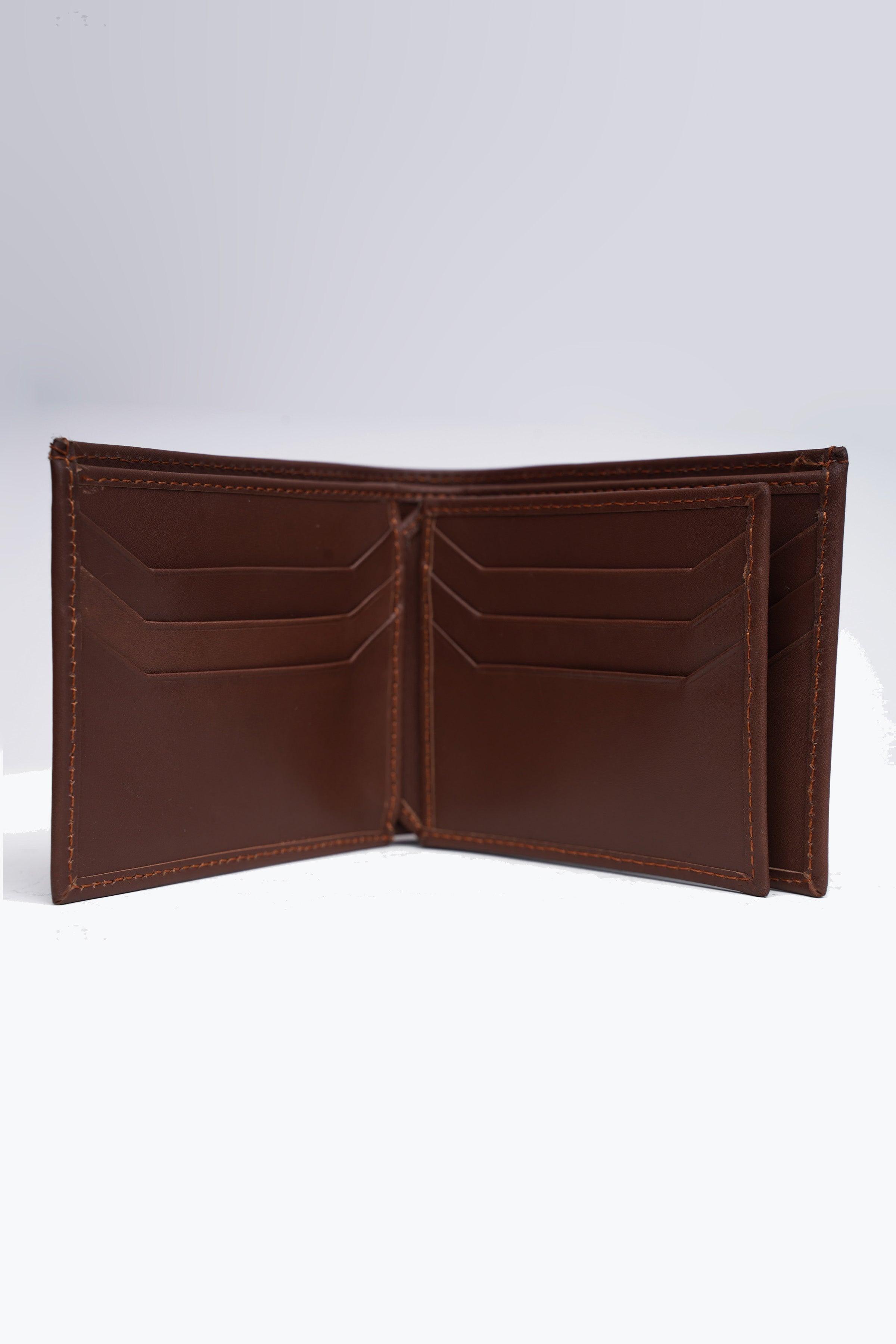Tan leather wallet, open bi-fold with stitched interior compartments