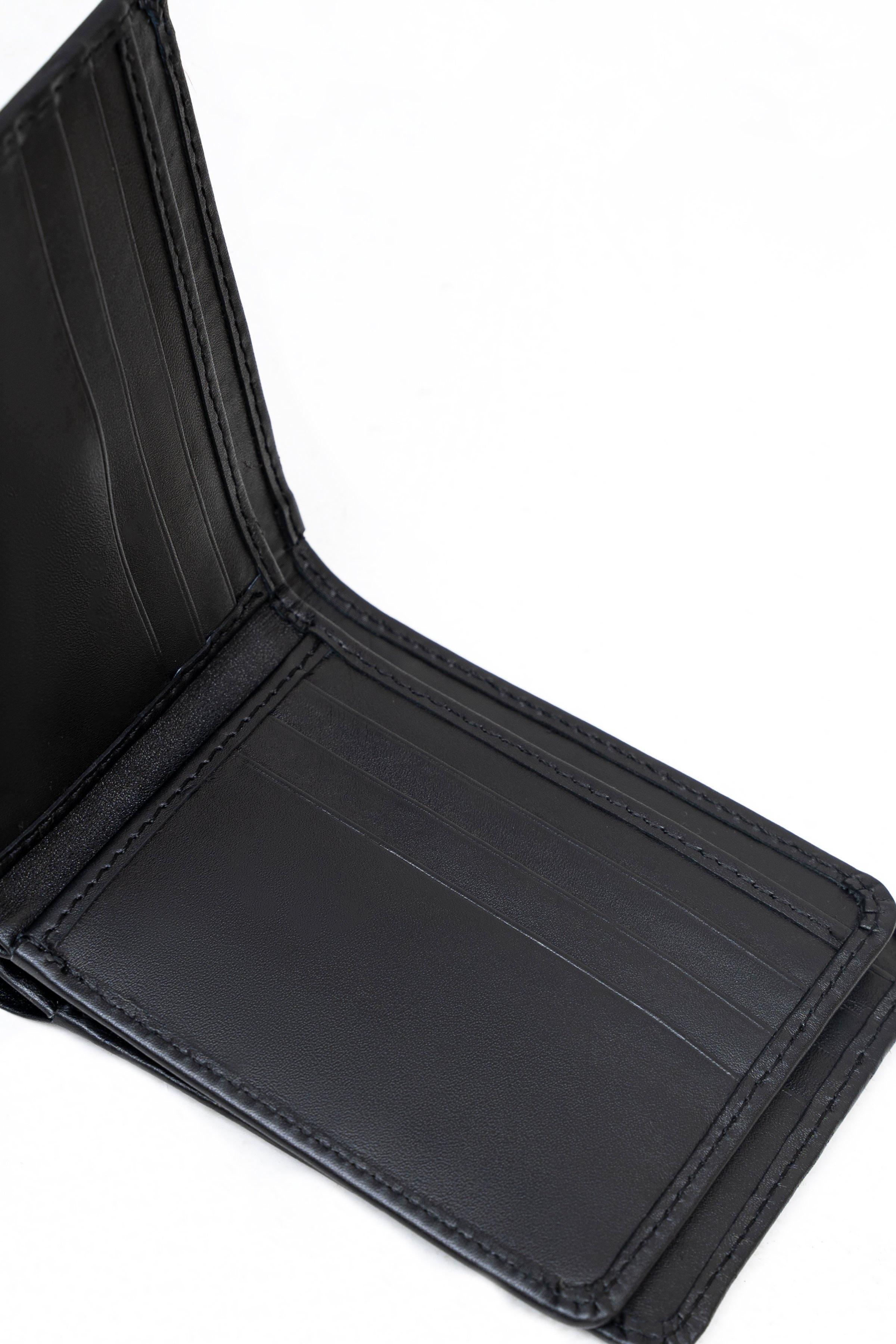 Black wallet card sleeve section with stitched seams and multiple compartments