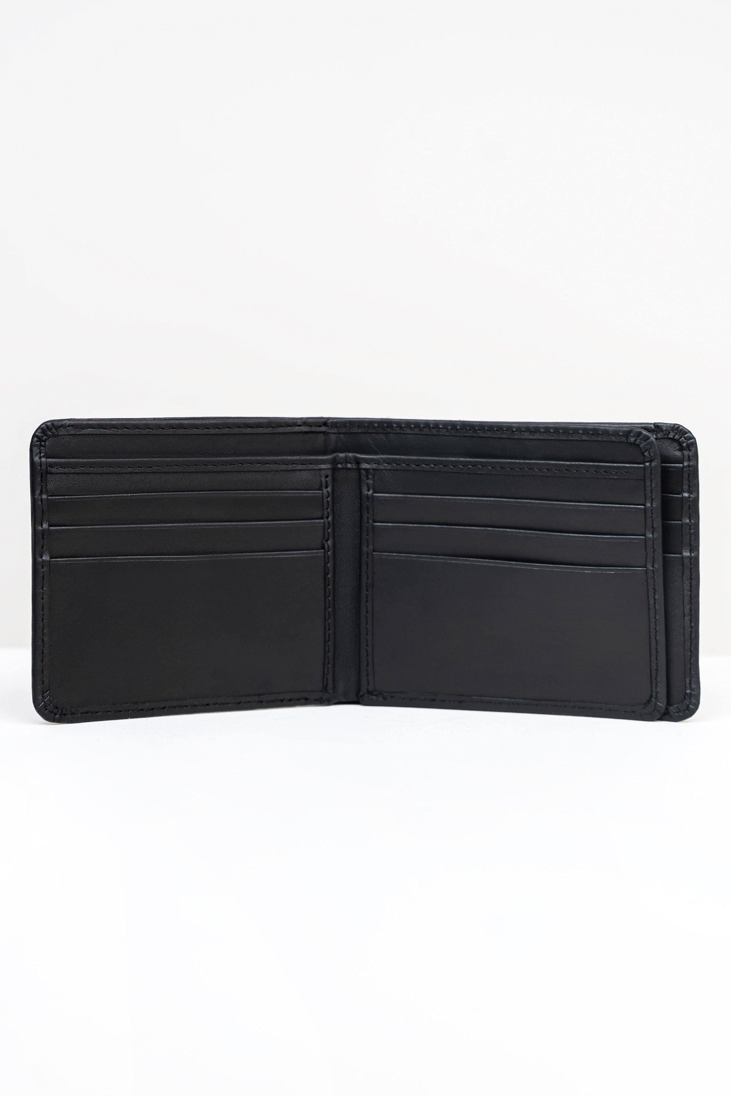 Black bifold wallet interior with multiple card slots and center divider
