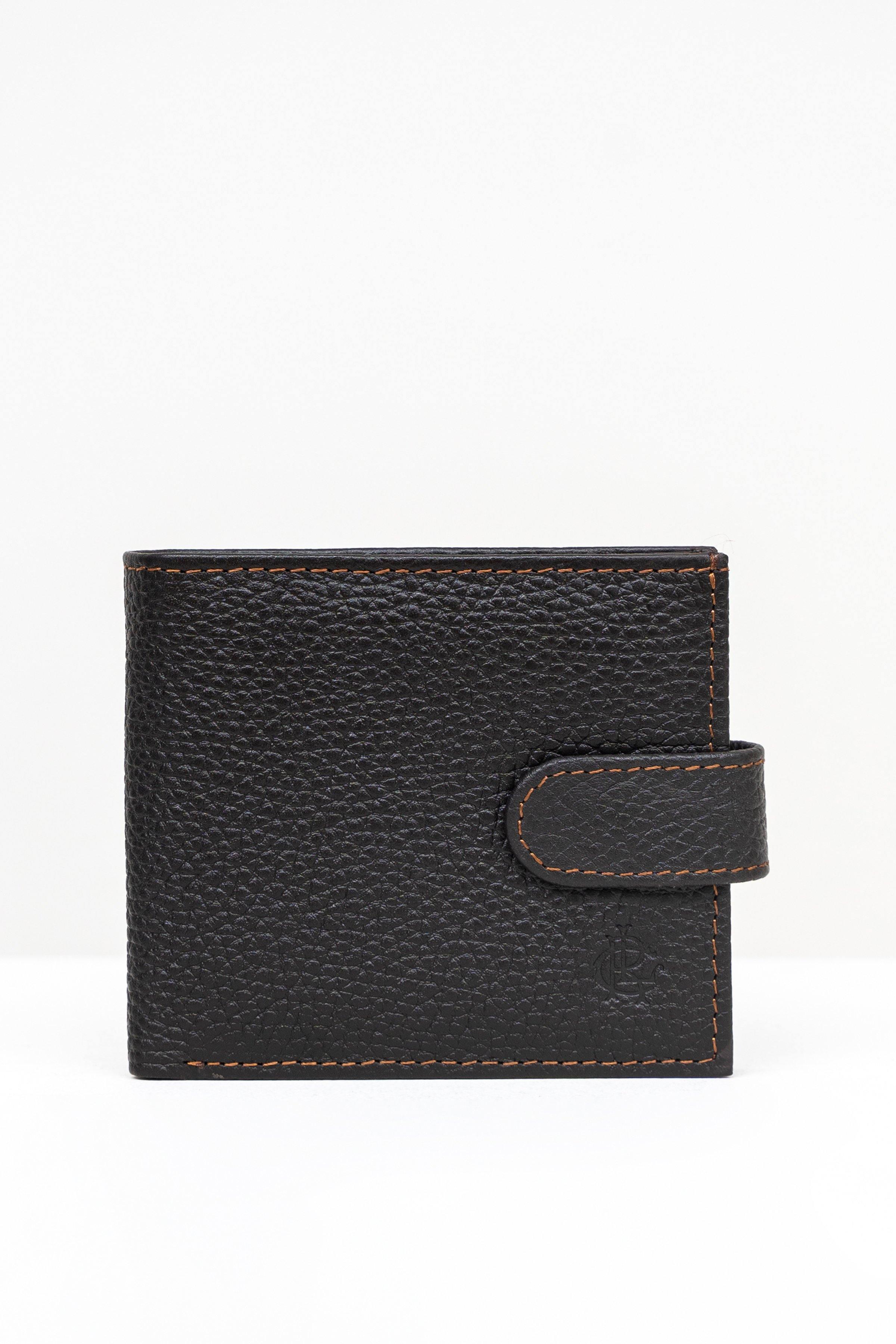 Dark leather bifold wallet with stitched strap and front button snap