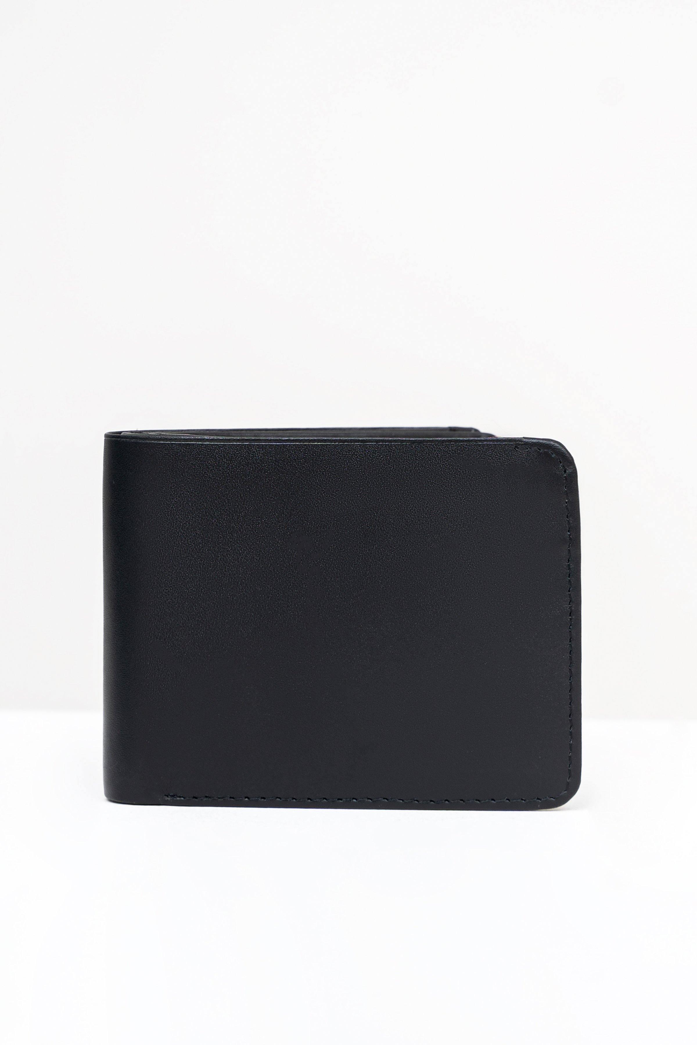 Black bifold wallet with smooth finish and stitched edges