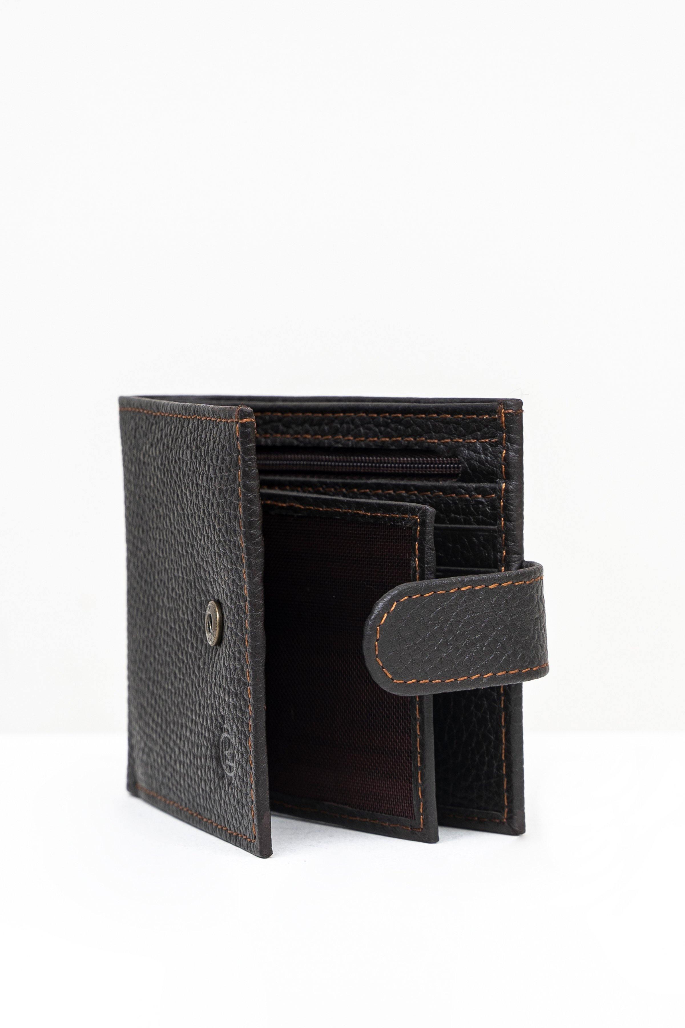 Dark brown leather bifold wallet with snap tab and multiple card slots