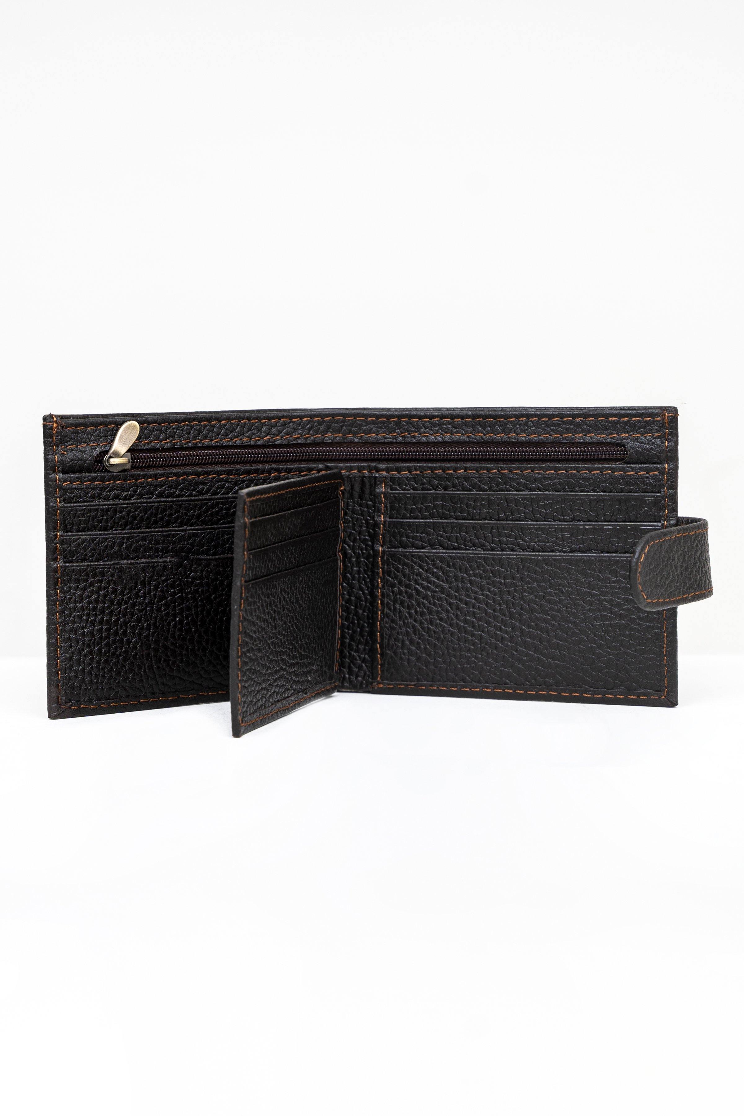 Dark leather trifold wallet with card compartments and side strap closure