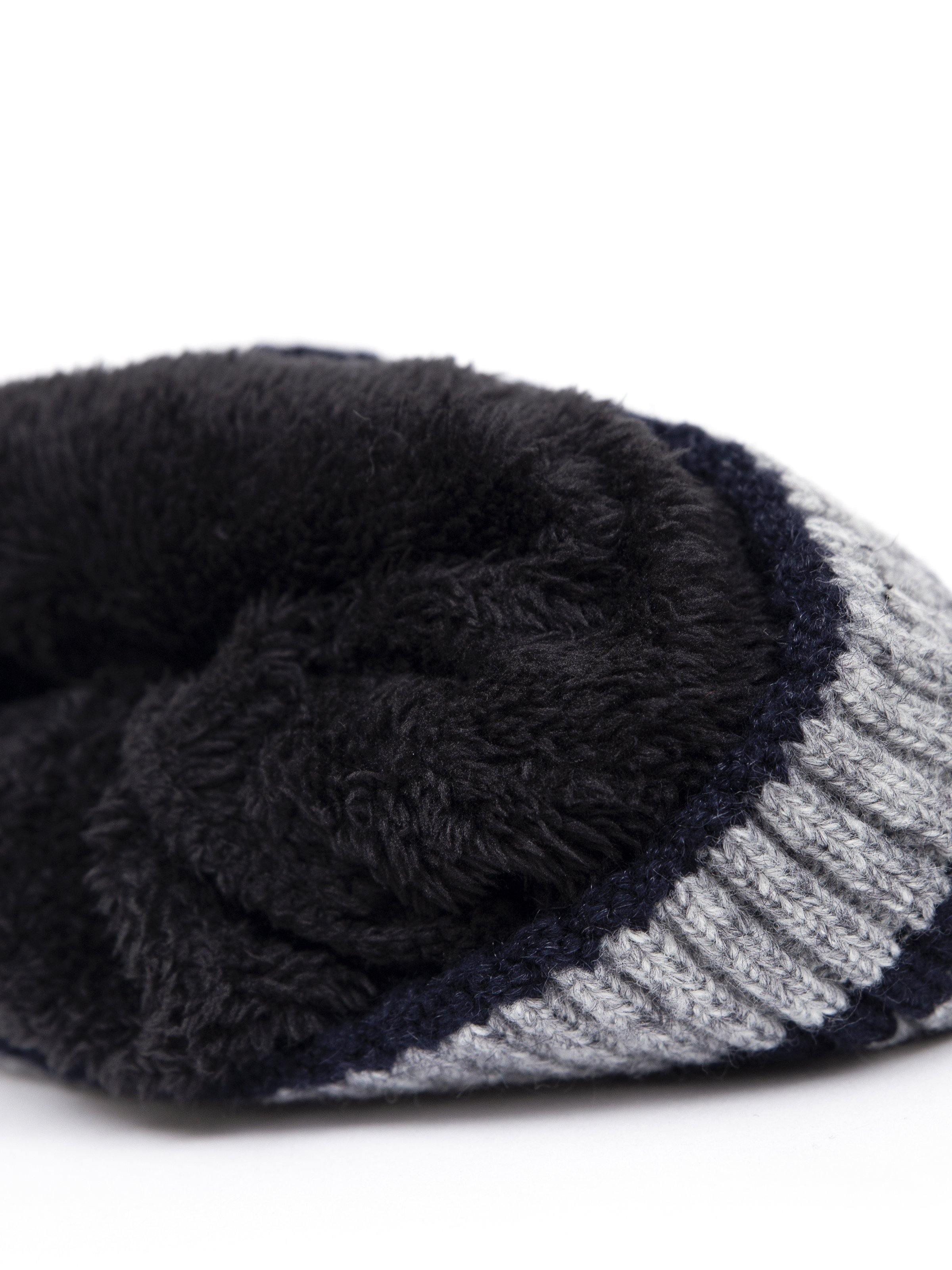 Folded-brim wool beanie with dark navy top and gray knit undercuff