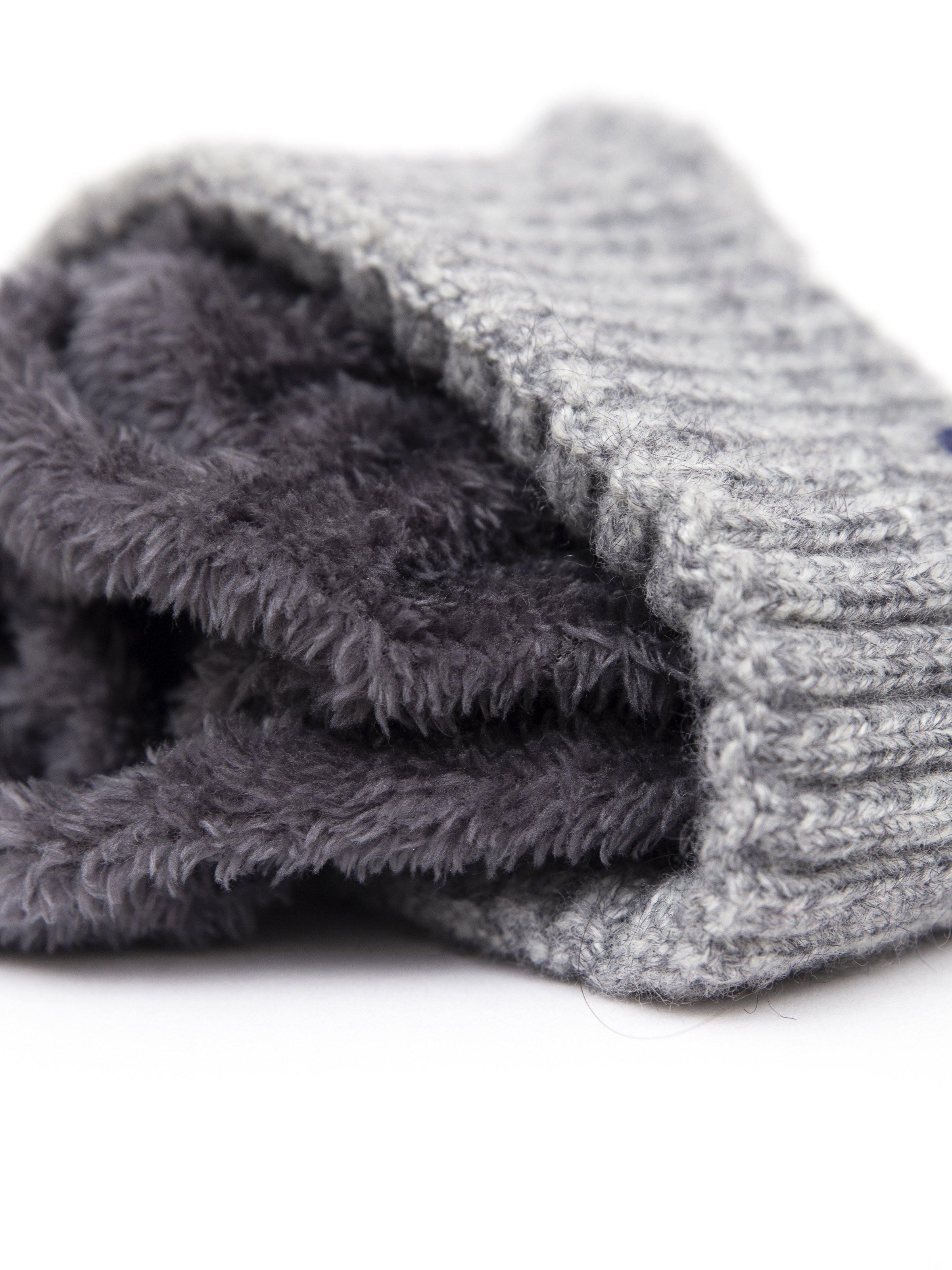 Gray wool beanie cap close-up of fuzzy knit brim