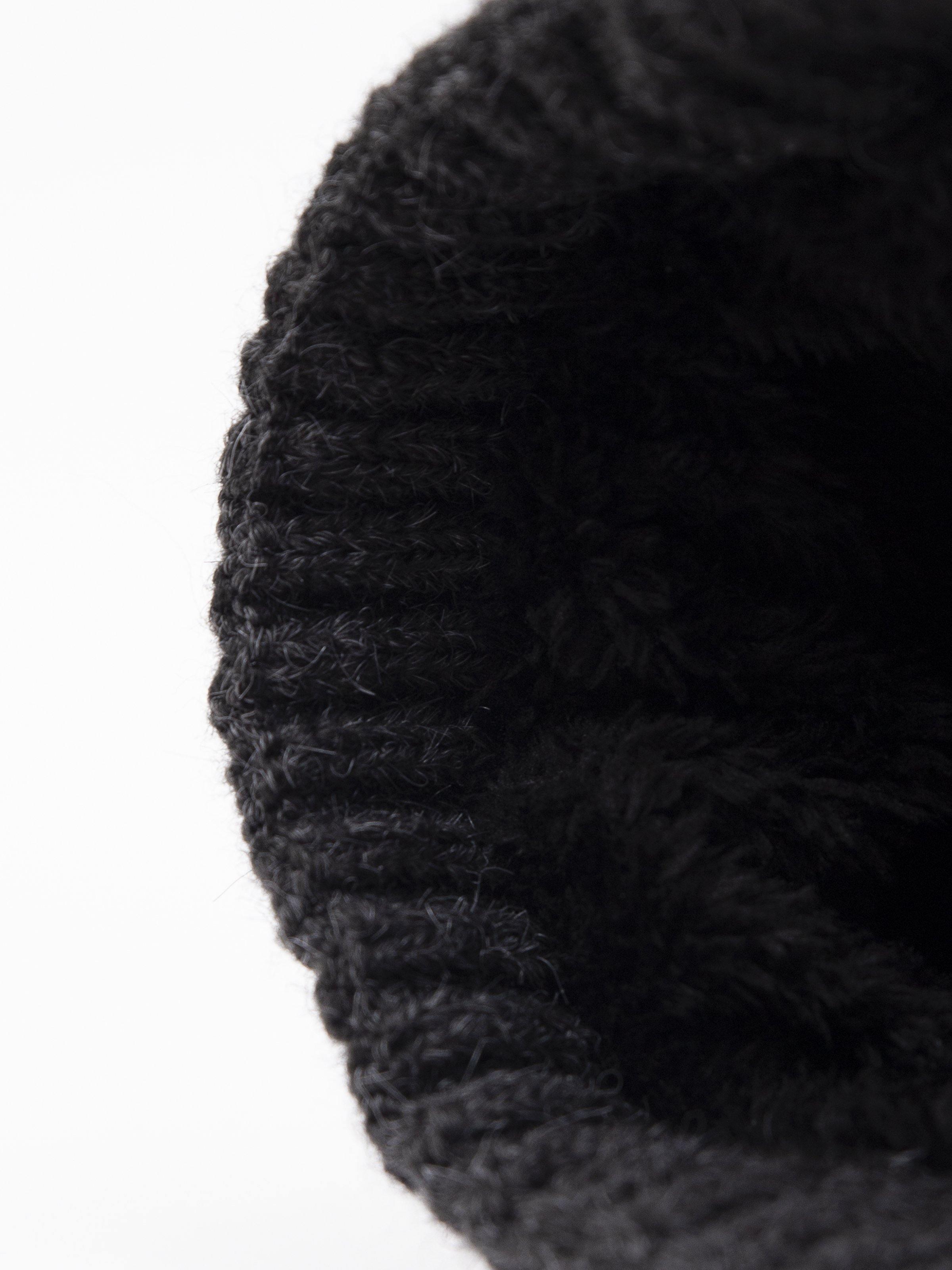 Wool cap beanie close-up of chunky knit texture, dark wool