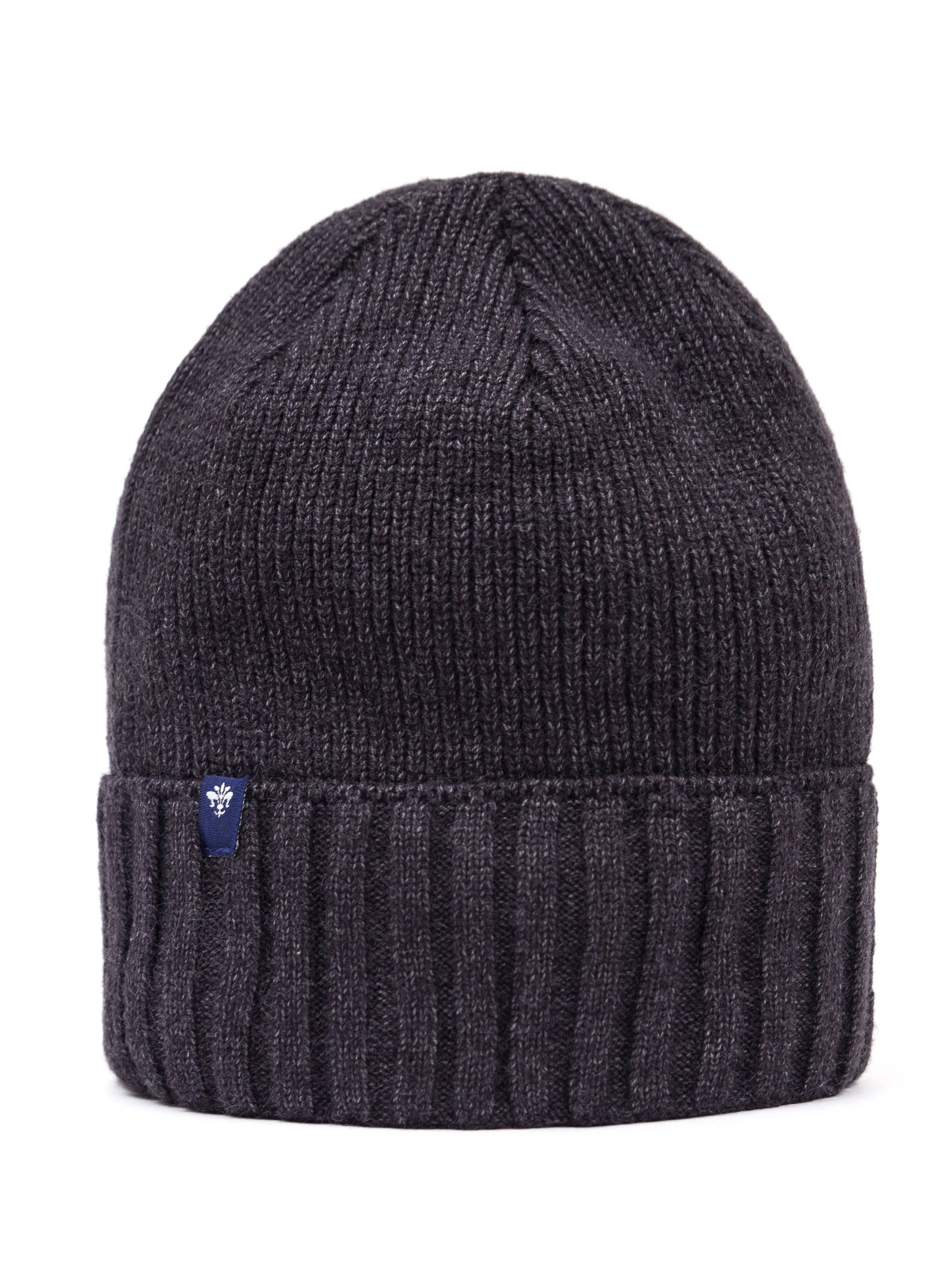 Dark wool knit cap with ribbed cuff and small blue logo patch