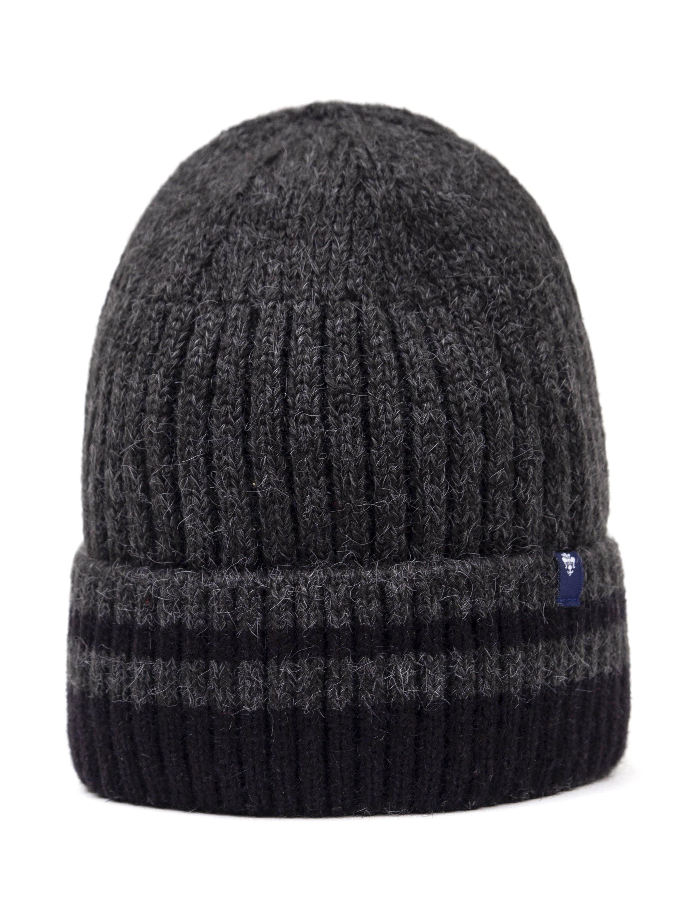 Wool cap beanie, ribbed knit in dark charcoal, cuff with small logo patch