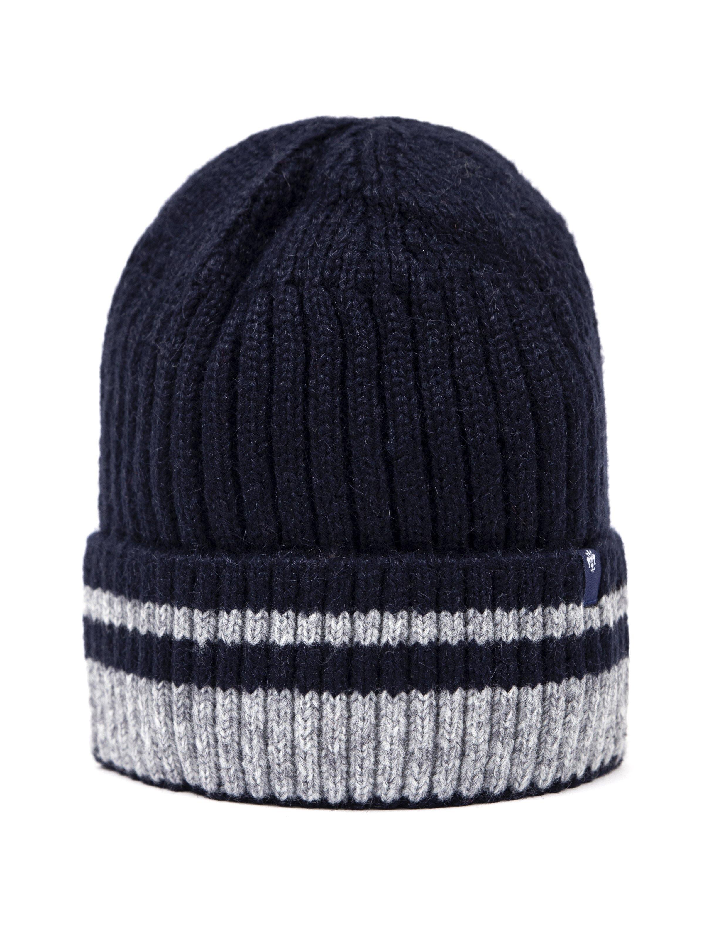 Dark navy wool beanie with ribbed knit and white-gray striped cuff