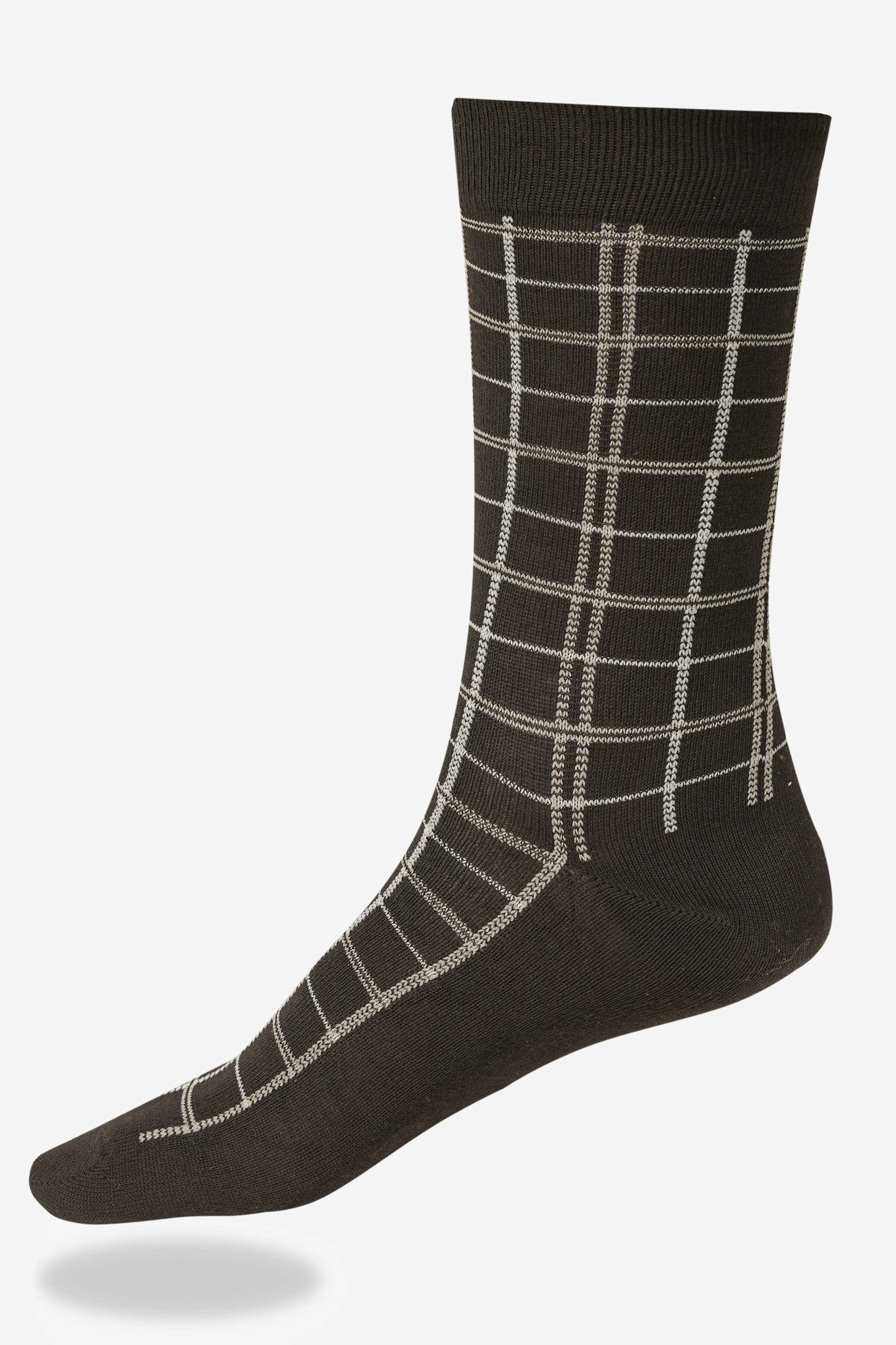 Dark wool socks with light plaid grid pattern