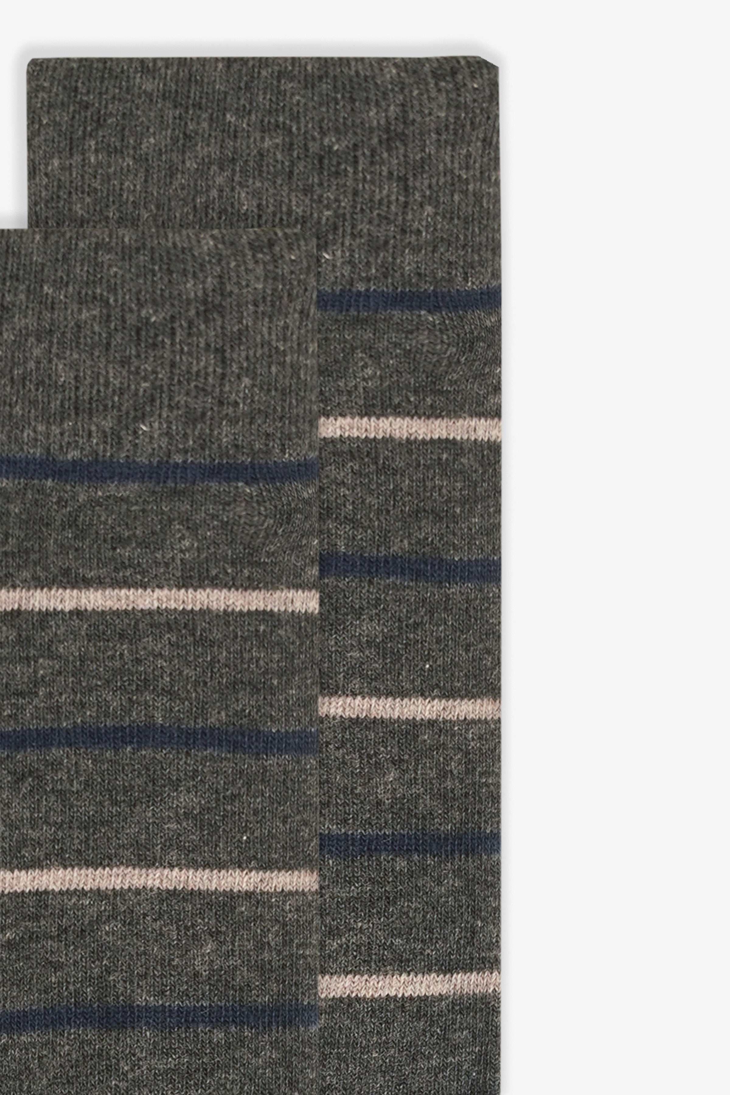 Wool socks close-up: dark gray knit with beige and blue stripe bands