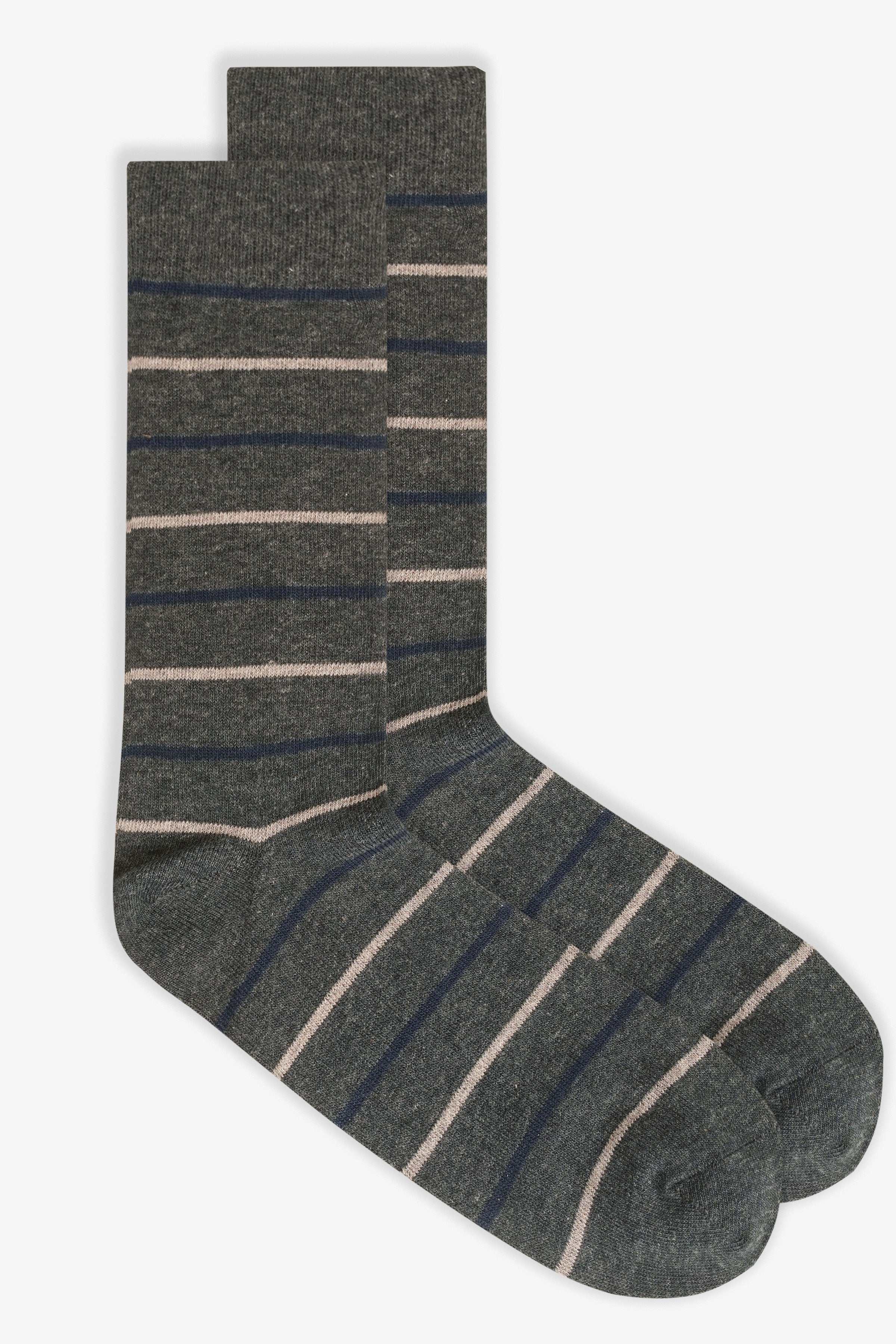 Wool socks in dark gray with beige and blue striped bands at cuff and toe