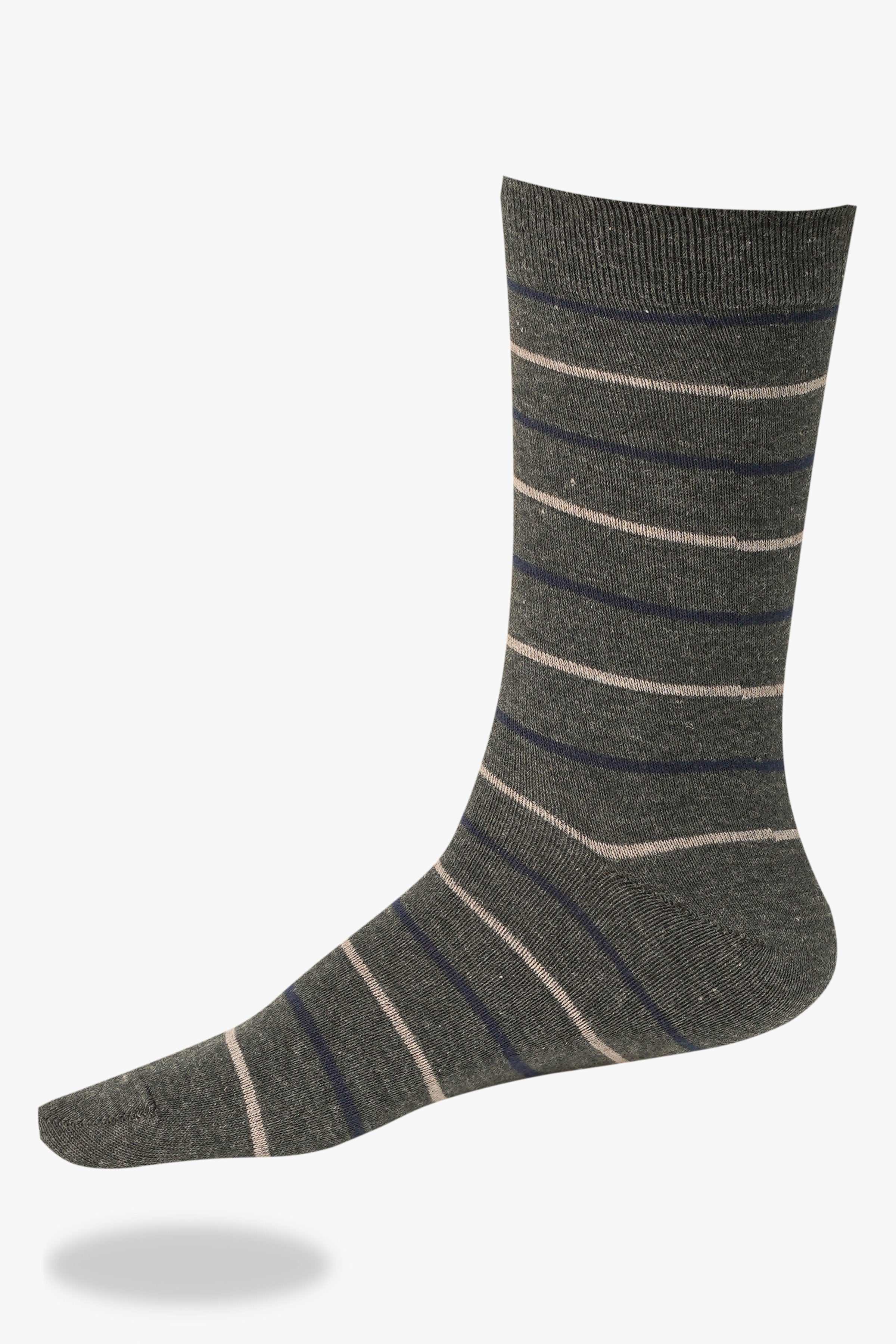 Wool socks in dark gray with beige and blue horizontal stripes