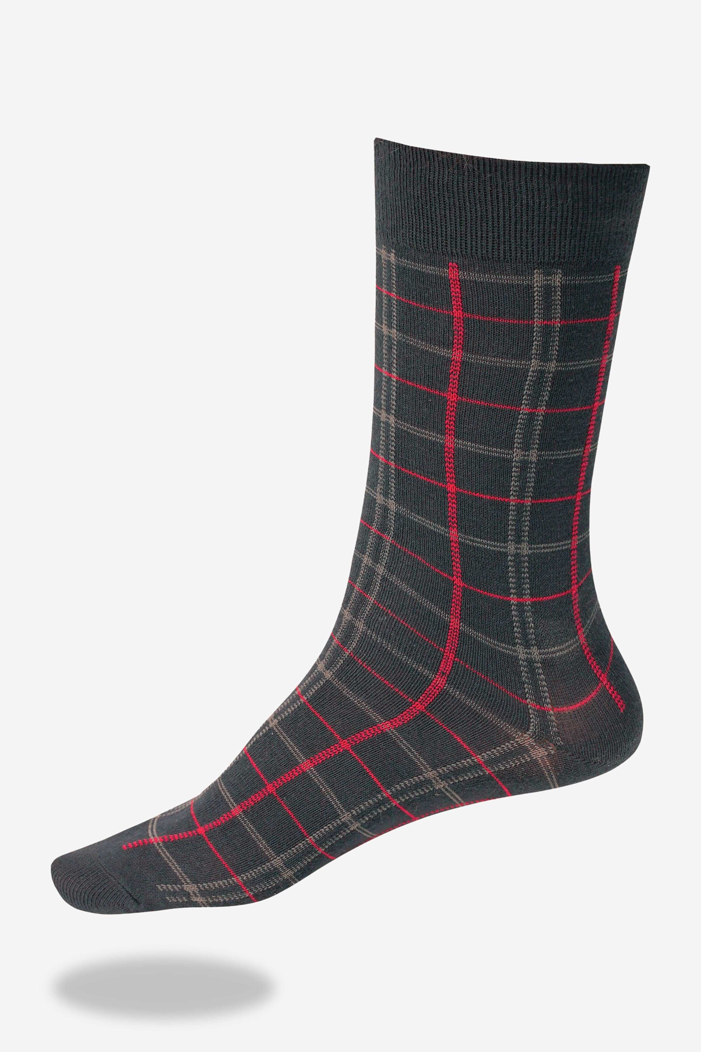 Dark wool socks with red and beige plaid grid pattern