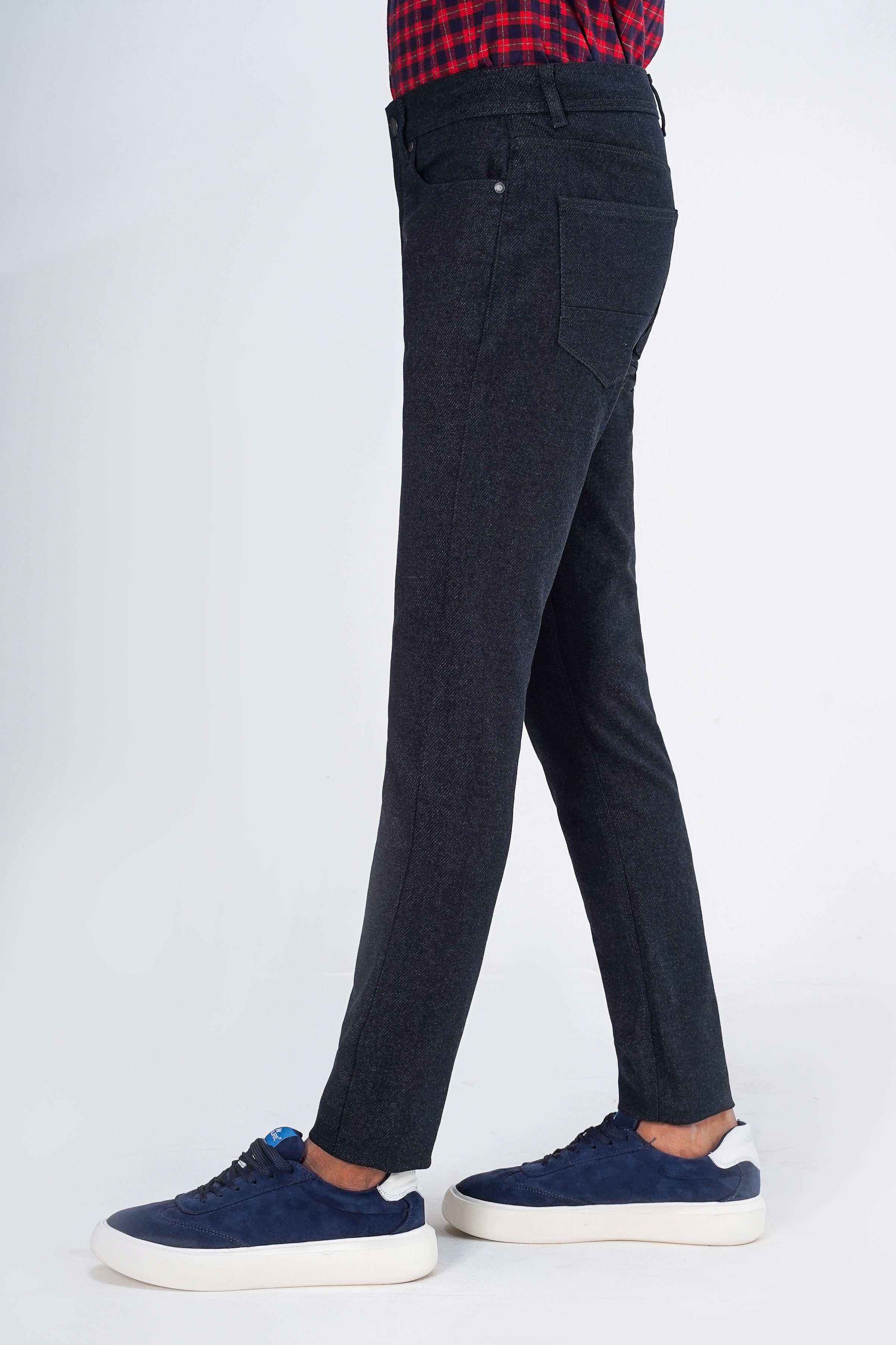 Wool denim blue 5-pocket pant side view, straight leg and ankle length hem