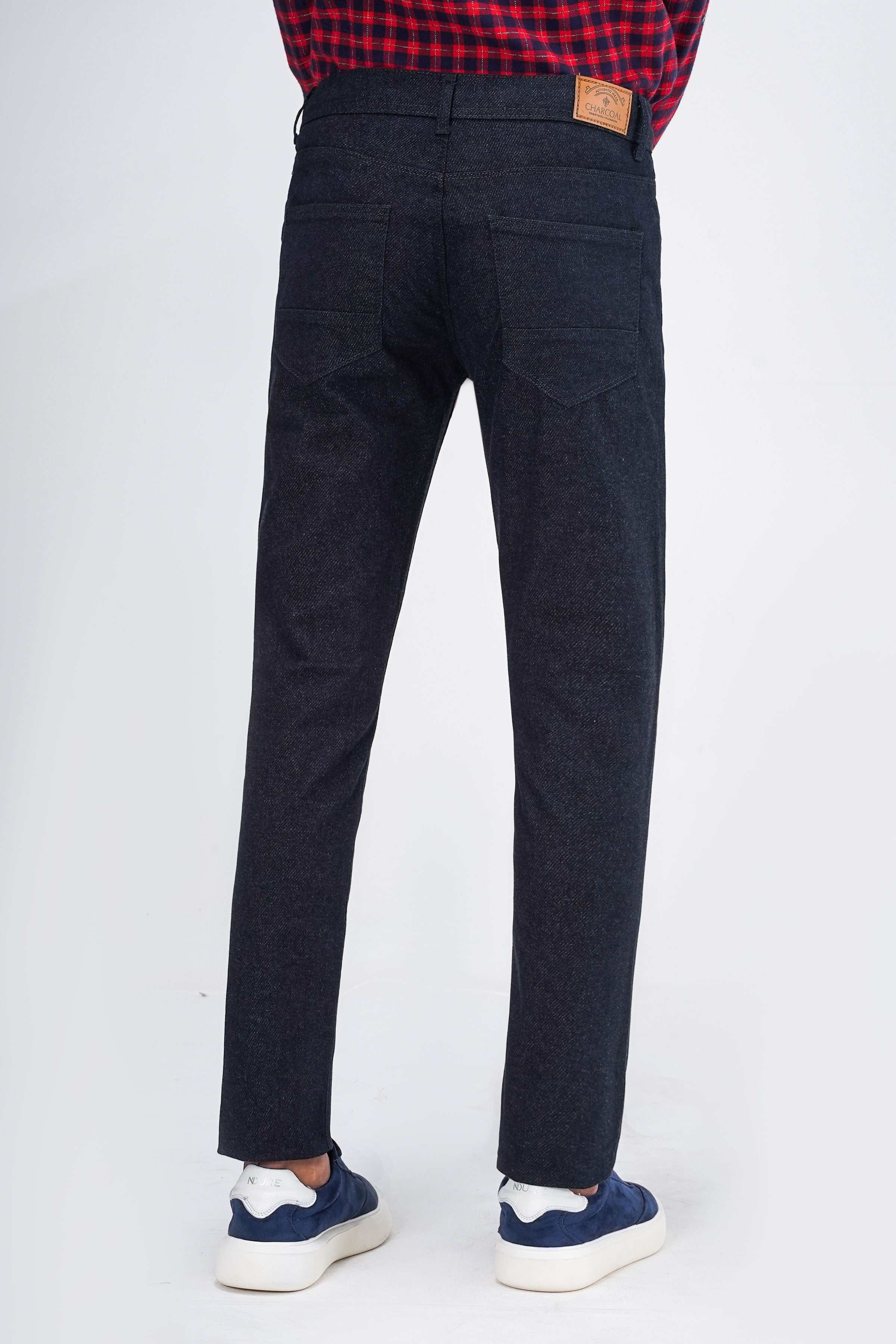 Wool denim blue 5-pocket pant back view, straight leg with coin pocket tag