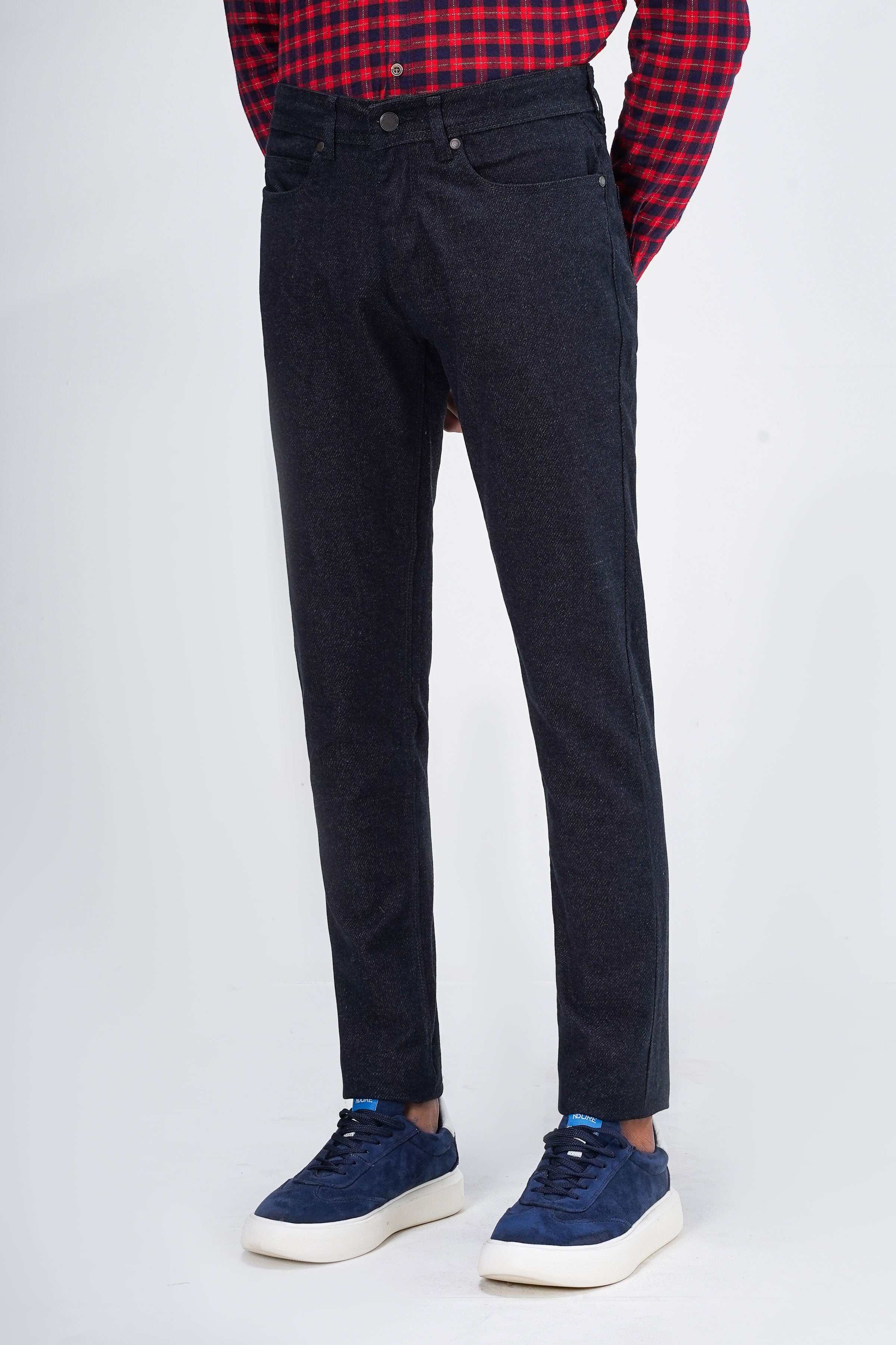 Wool denim blue 5-pocket pant with straight leg and belt loops