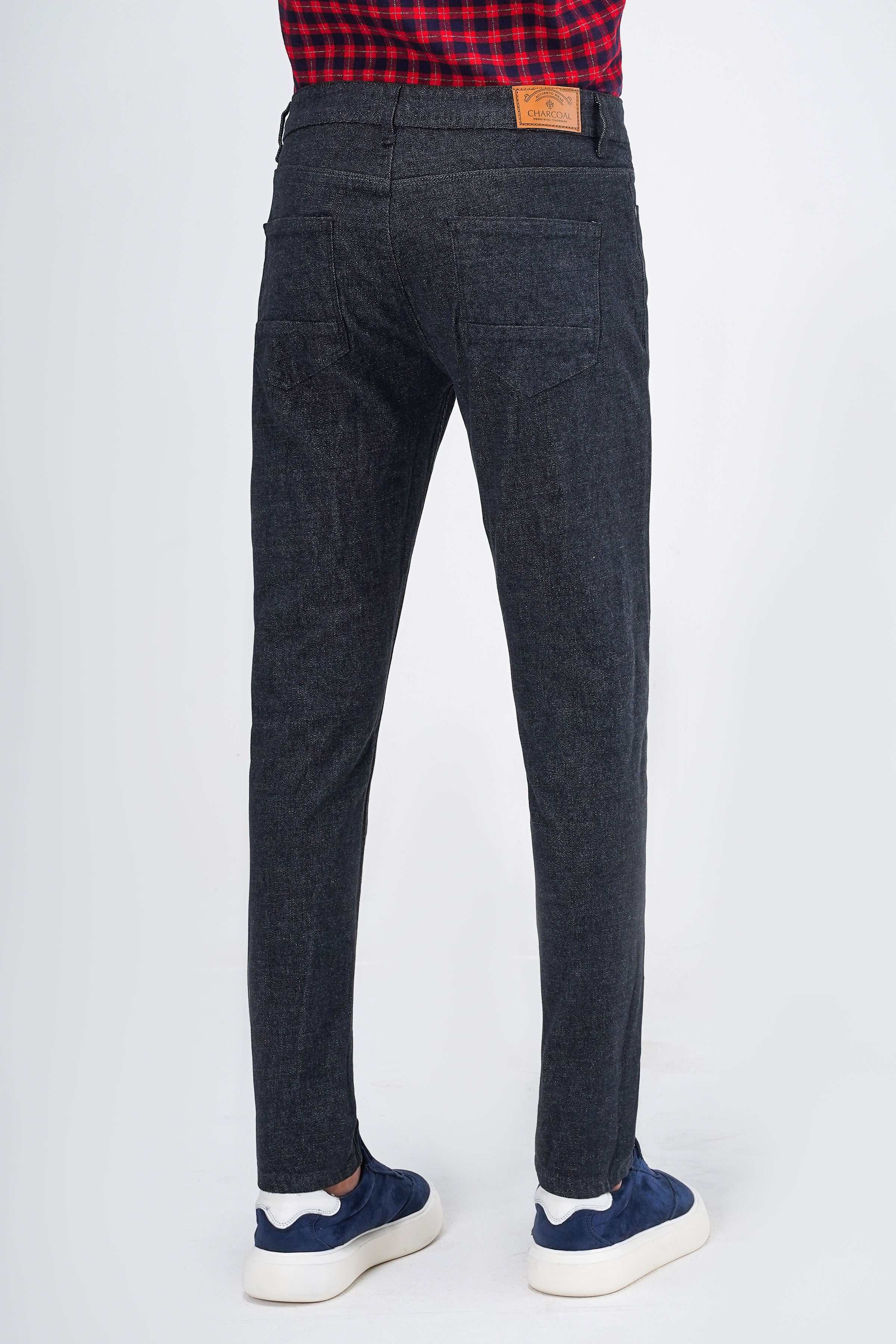 Greyish navy wool 5-pocket pant, back view with yoke seam and two patch pockets
