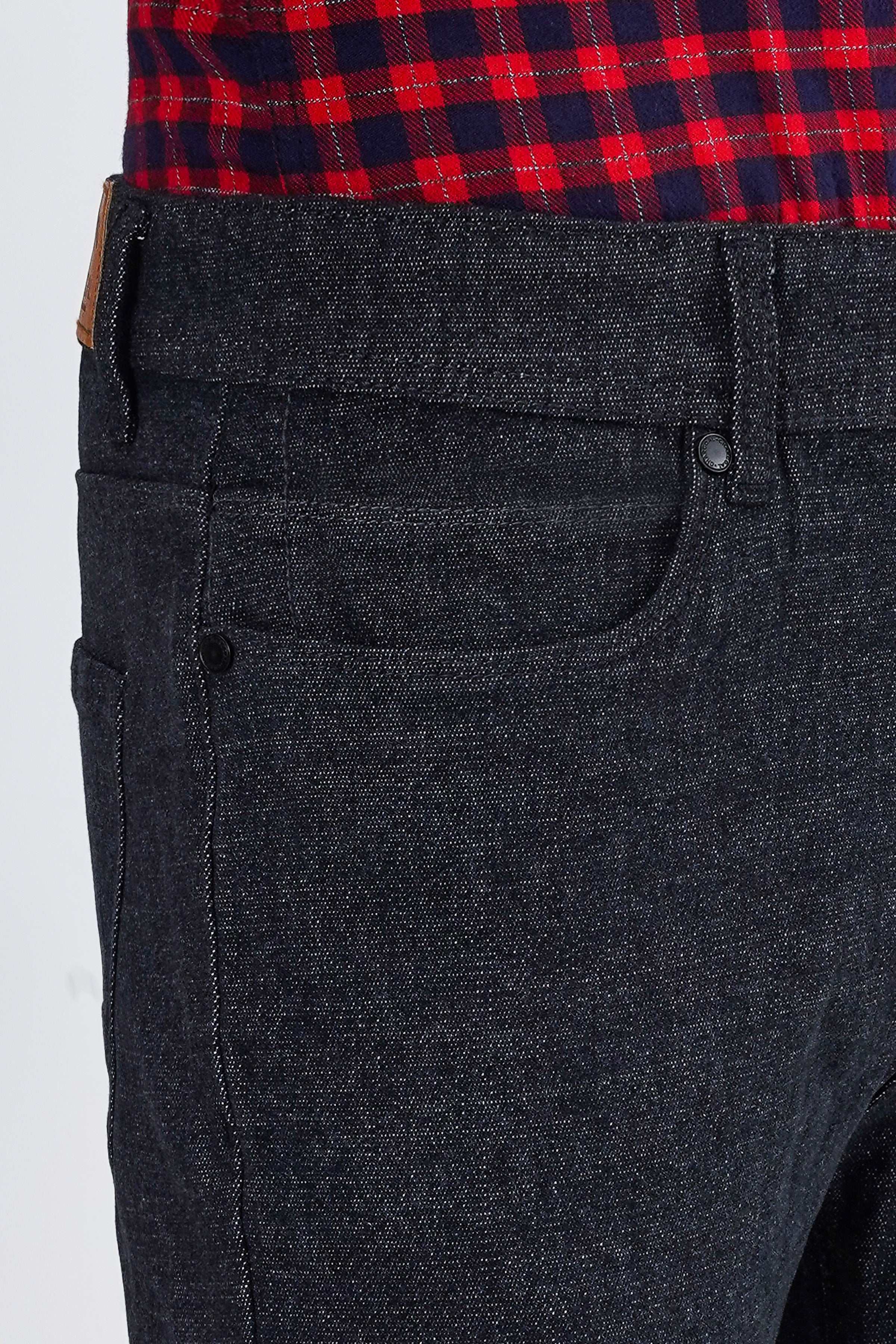 Greyish navy wool 5-pocket pant, front zipper and coin pocket detail