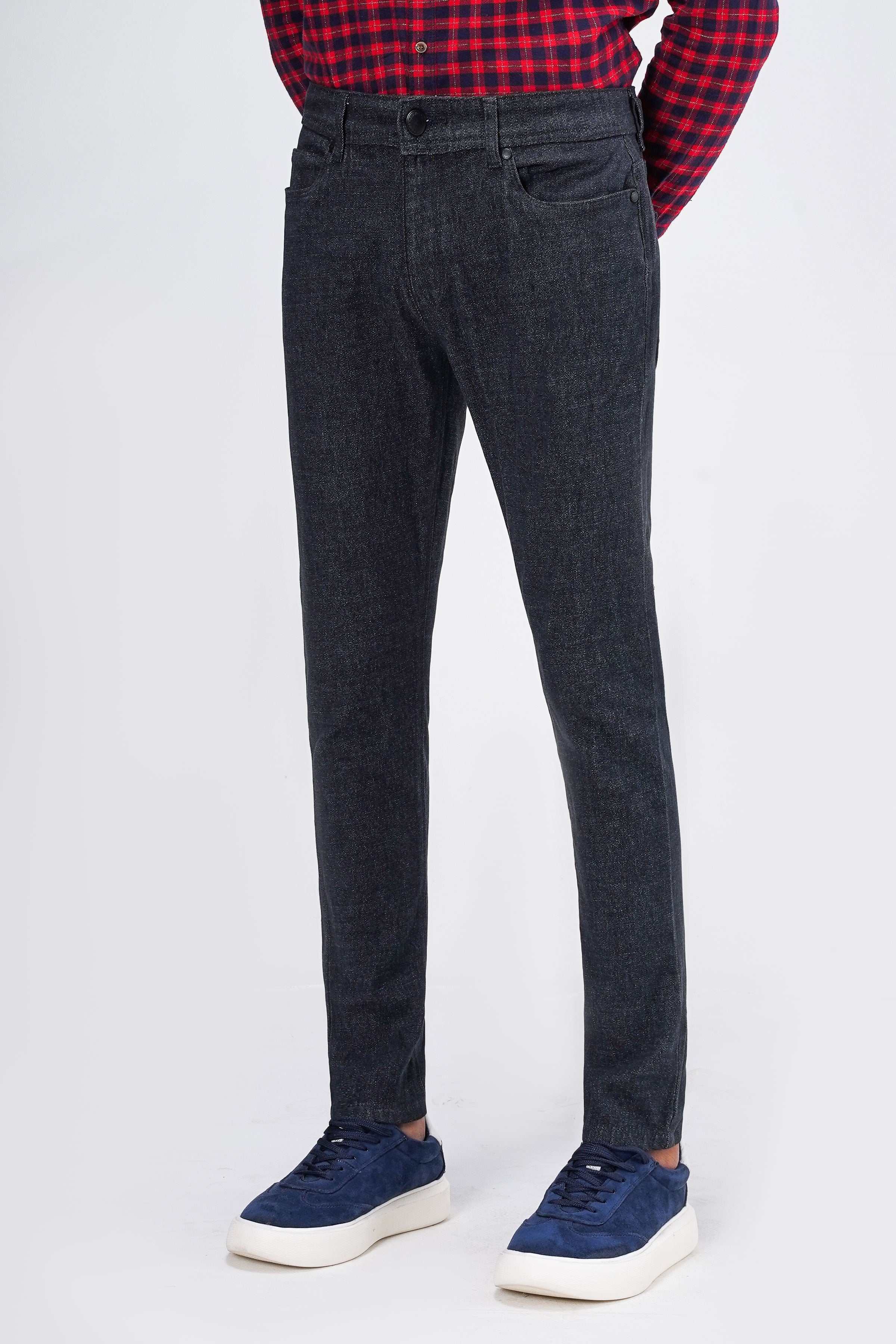 Greyish navy wool 5-pocket pant with straight legs, front pockets and belt loops