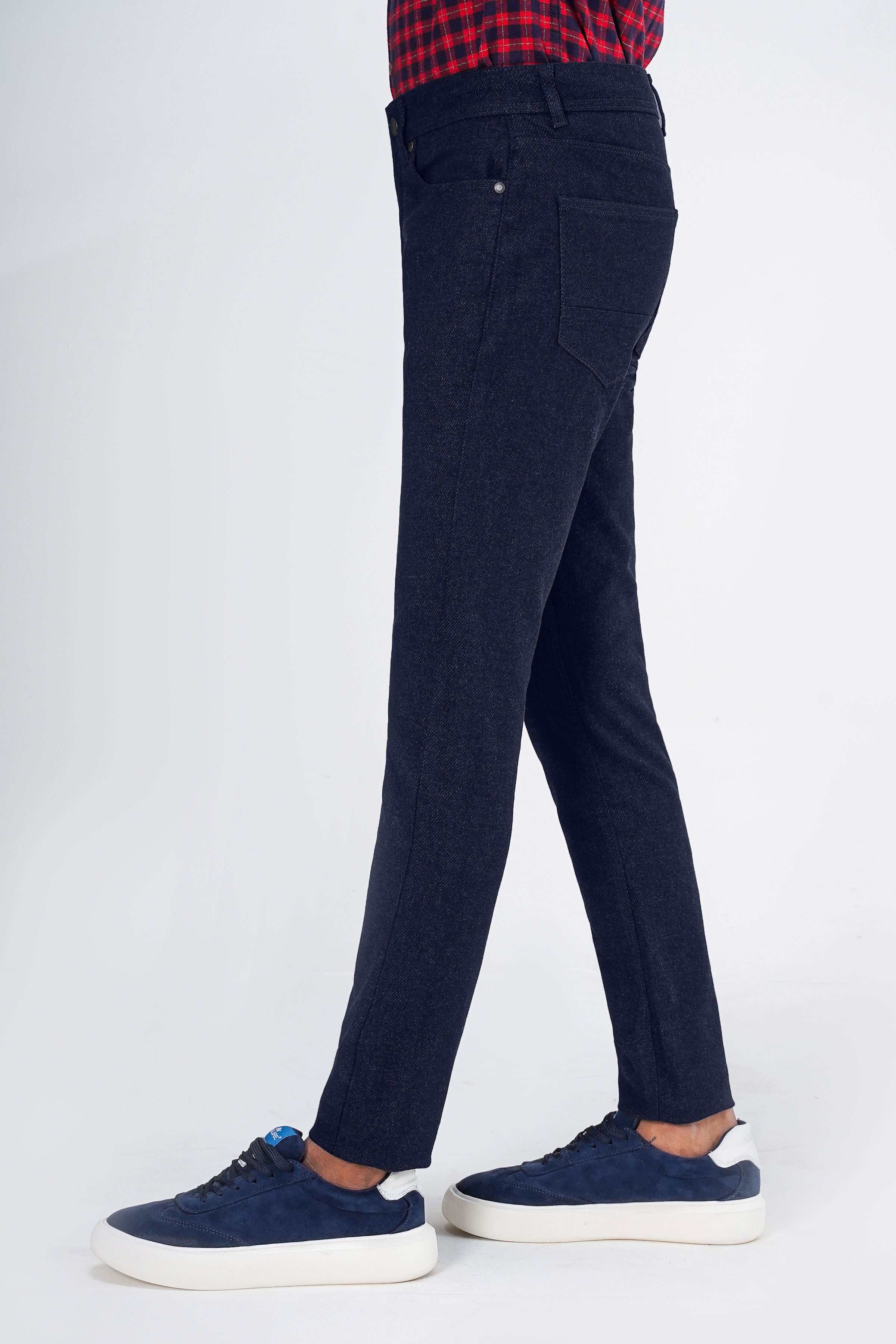 Navy woolen 5-pocket pants, side view with belt loops and zipper fly