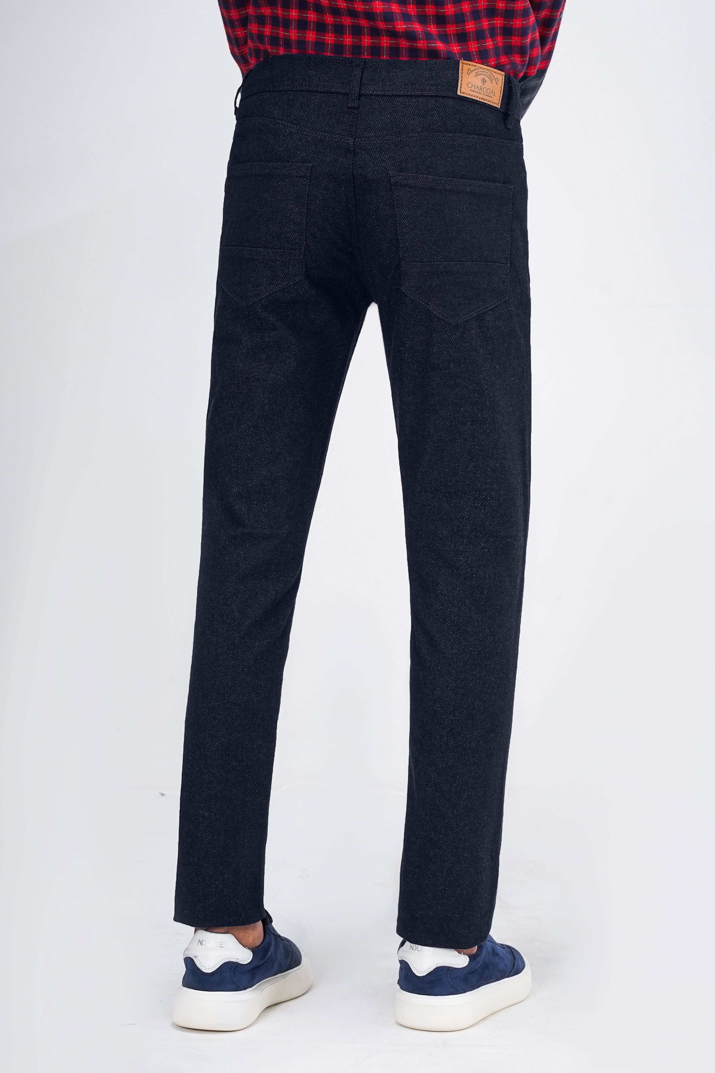 Navy woolen 5-pocket pants, back view with belt loops and stitched seams