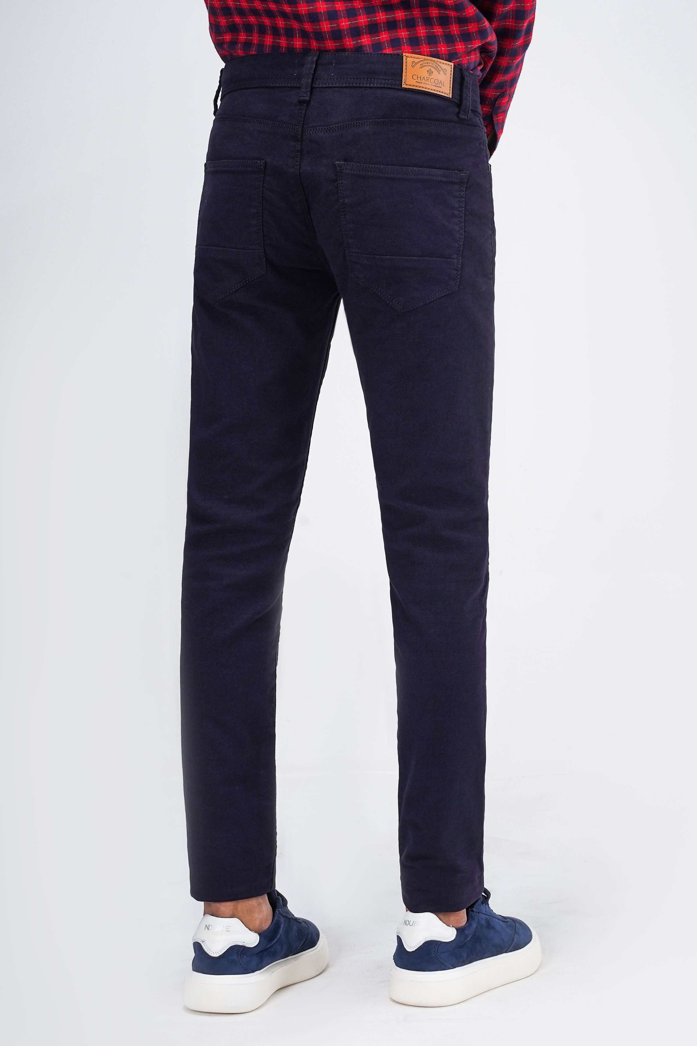 Navy wool 5-pocket pants full-length front view, button closure